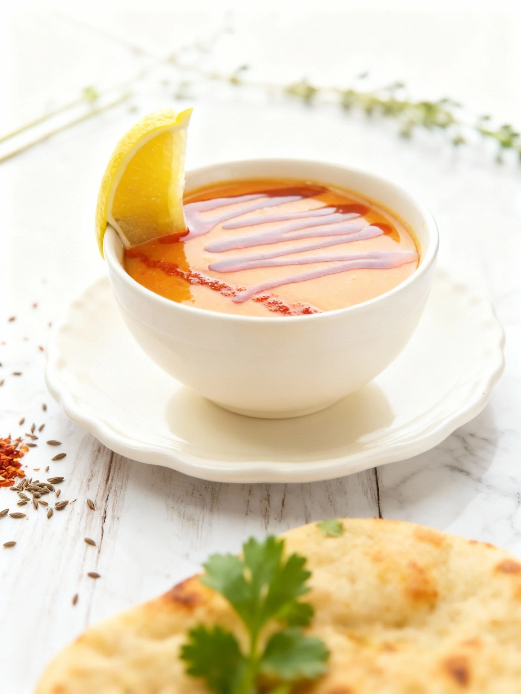 A bowl of red lentil soup topped with a drizzle of chili oil, a sprinkle of paprika, and a fresh lemon wedge perched on the rim.