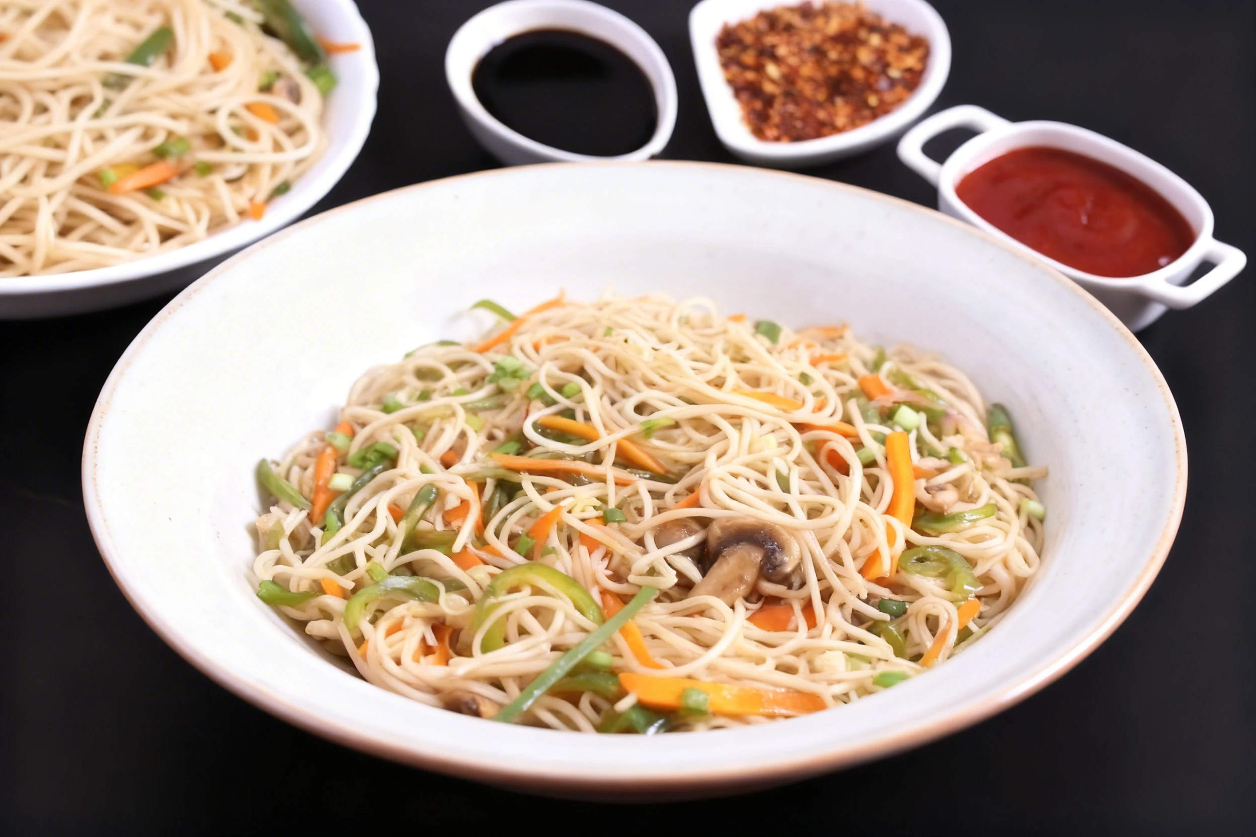 Stir-fried noodles with sliced carrots, green bell peppers, mushrooms, and green onions served in a black frying pan, accompanied by dipping sauces and chili fl