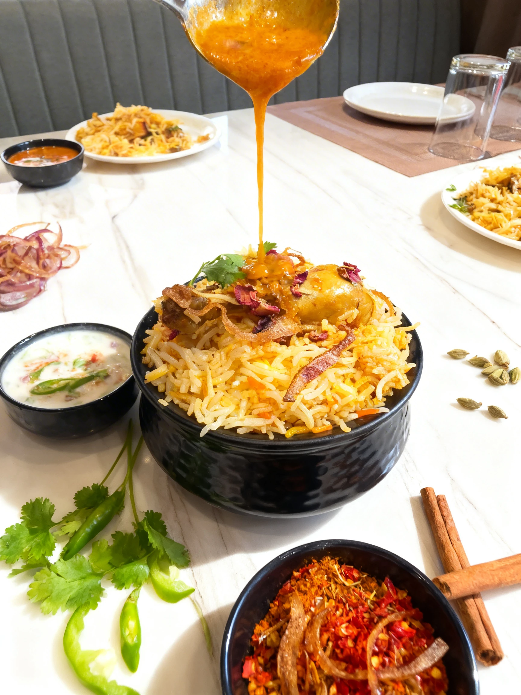 Chicken biryani served with long-grain basmati rice, topped with a chicken drumstick, fried onions, and dried rose petals. It is accompanied by bowls of creamy