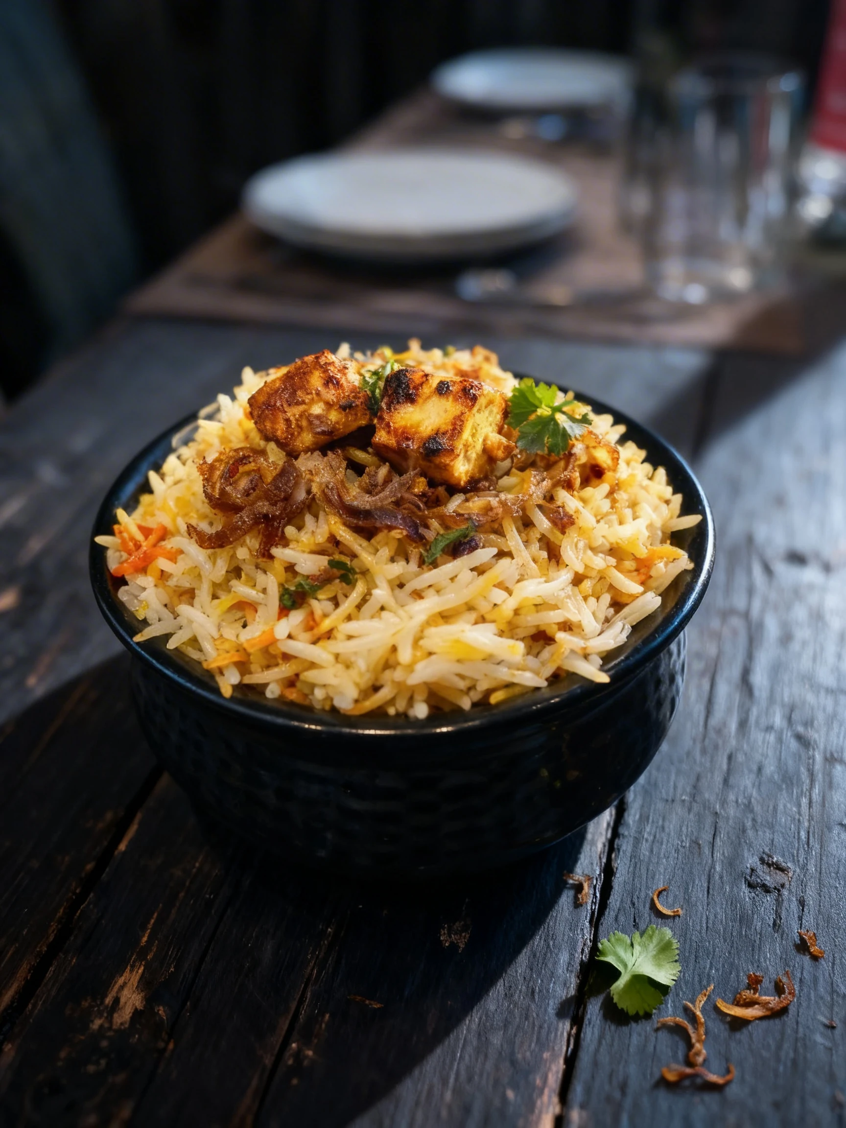 A paneer biryani featuring long-grain basmati rice topped with charred paneer cubes, fried onions, and fresh cilantro, served in a black ceramic bowl with sides