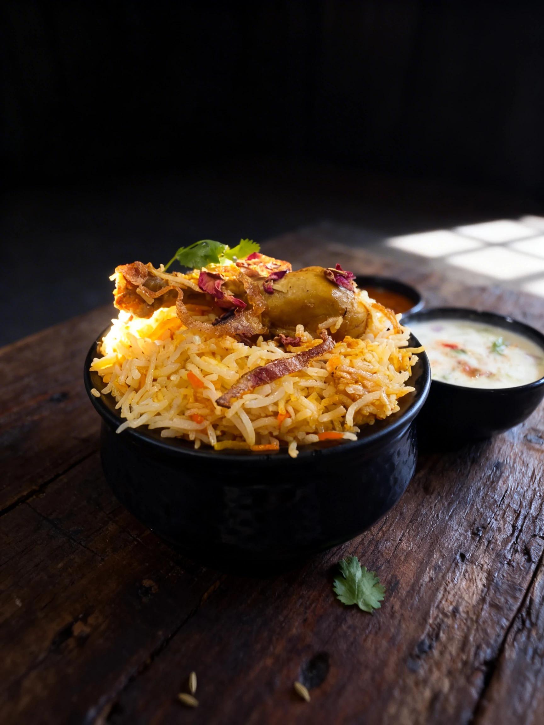 Chicken biryani featuring aromatic basmati rice topped with a whole chicken leg, fried onions, rose petals, and cilantro, served with raita and spicy curry grav