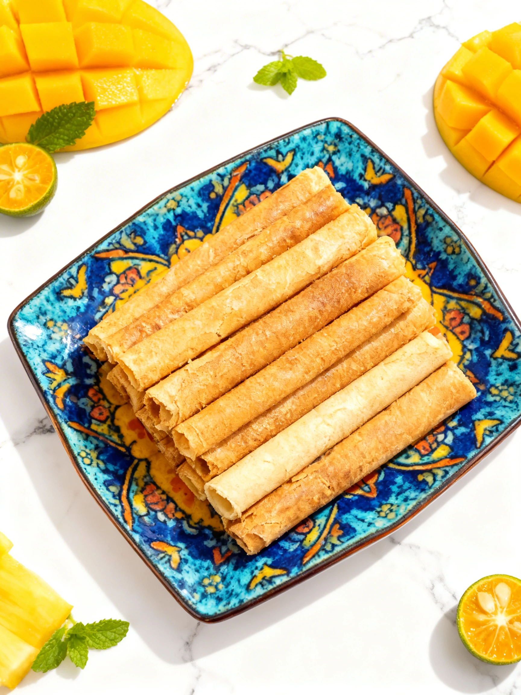 Stacks of golden brown egg roll wafers or barquillos neatly arranged and sealed in transparent plastic packaging.