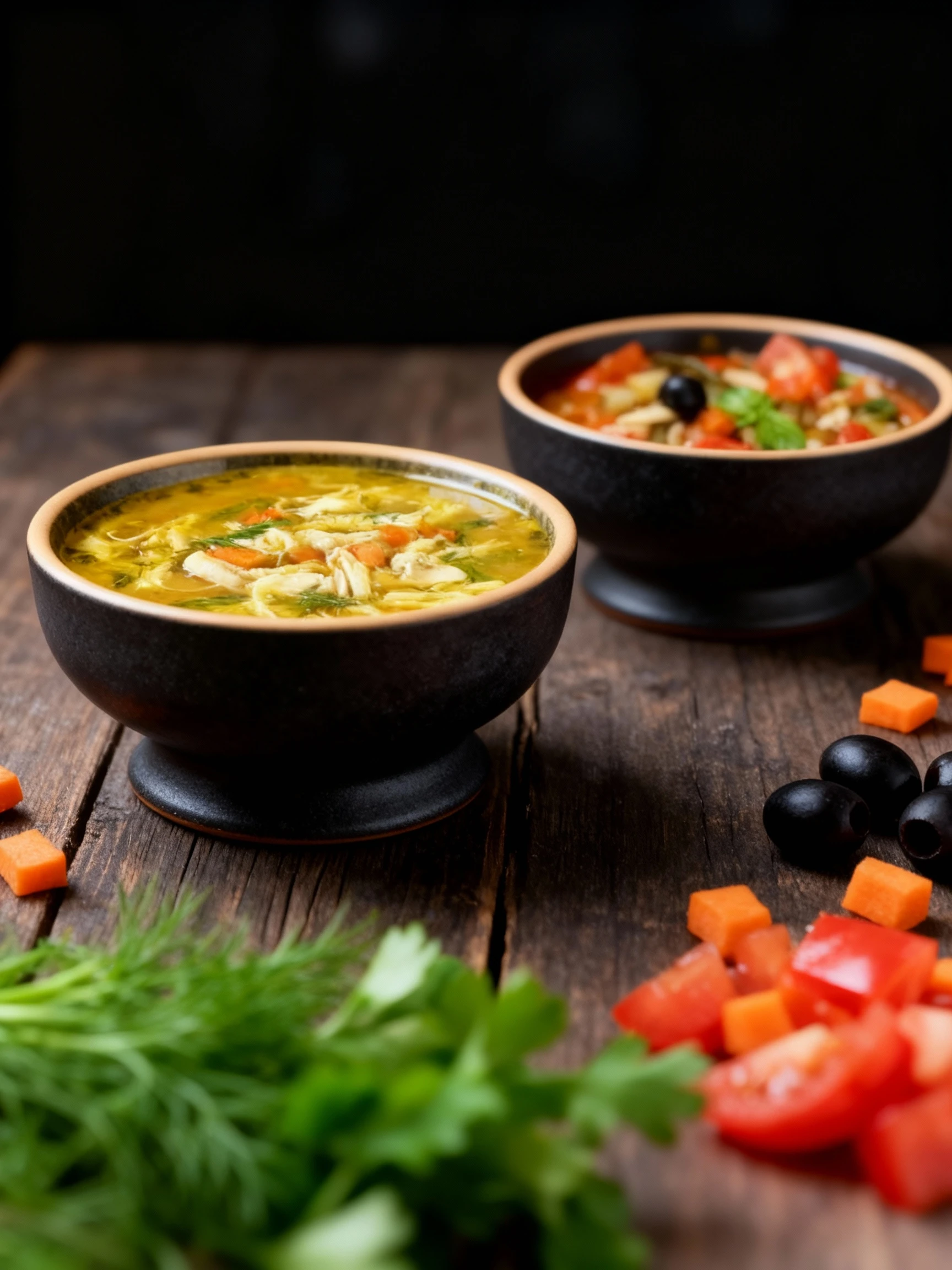 The menu features two dishes: a yellow-broth soup containing shredded chicken, chopped carrots, and fresh dill, and a separate hearty vegetable stew or minestro