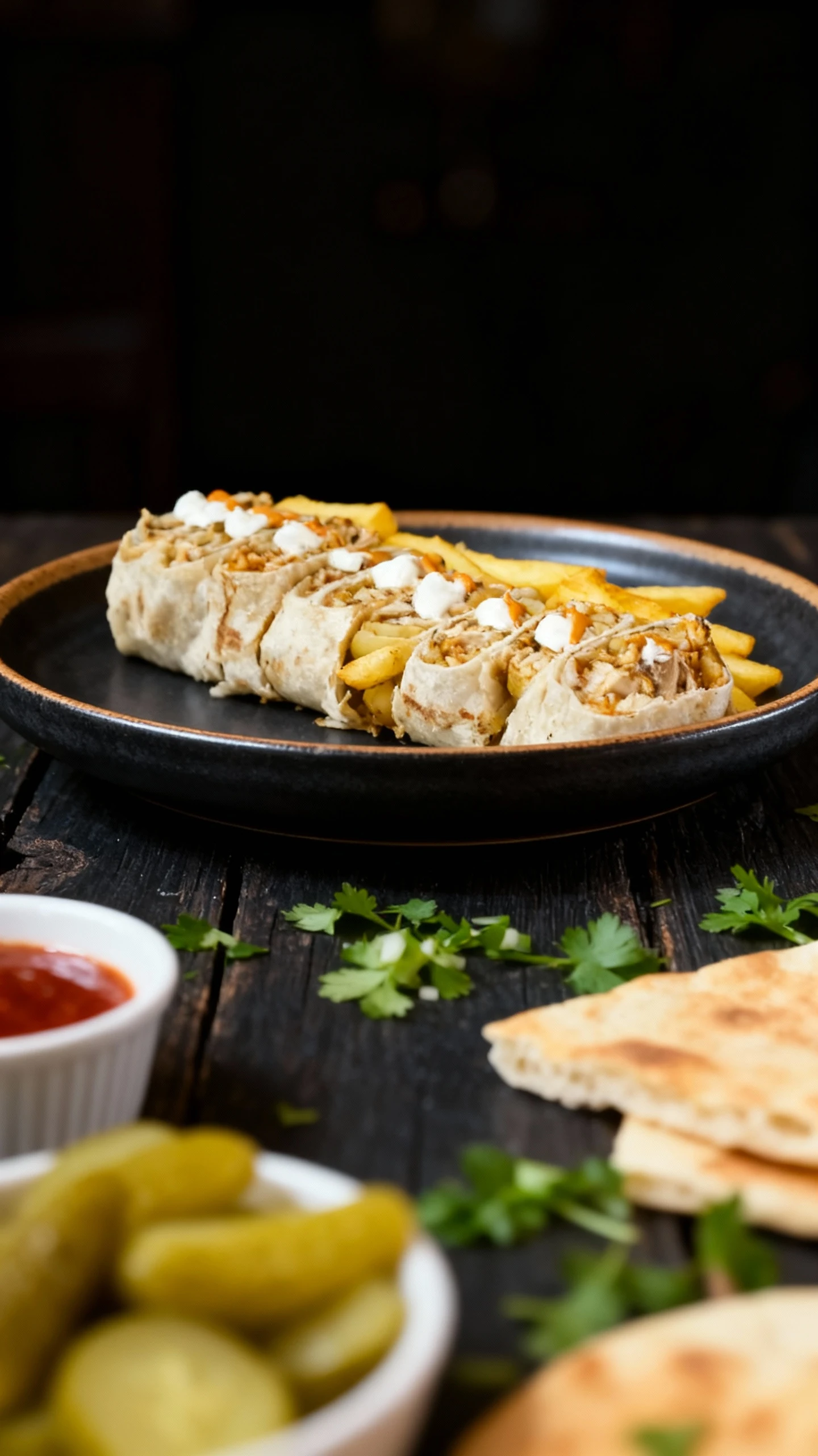 Chicken shawarma wraps, sliced into segments and filled with shredded chicken and potatoes, topped with white garlic sauce and a spiced orange sauce. The dish i