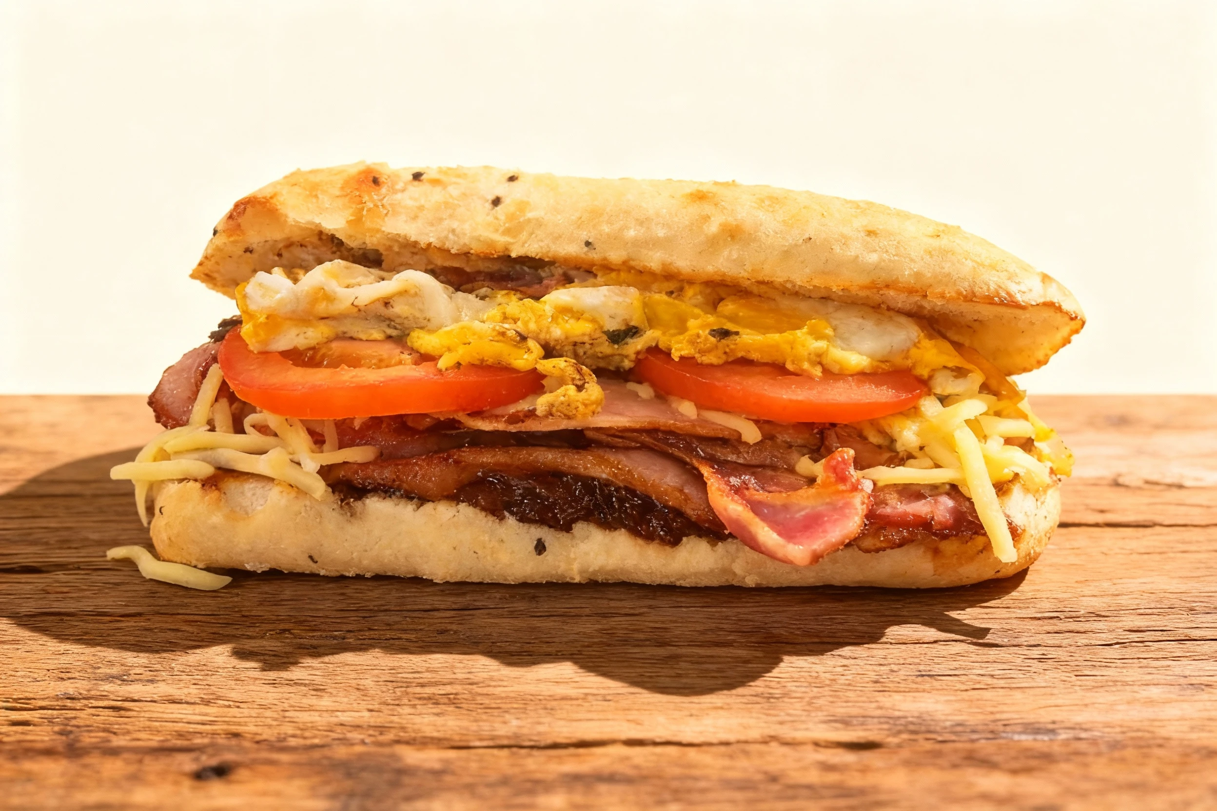 Breakfast sandwich on a toasted baguette filled with scrambled eggs, sliced tomatoes, cooked ham, and shredded cheese.
