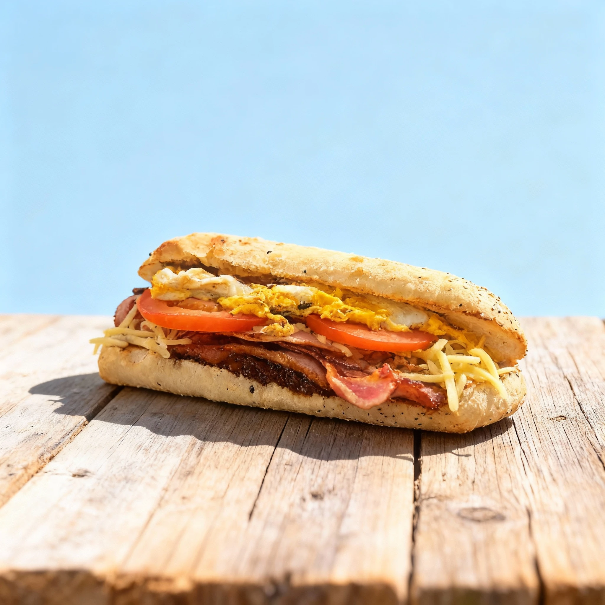 A breakfast baguette filled with crispy bacon, sliced tomato, scrambled eggs, and shredded cheese on a toasted seeded roll.