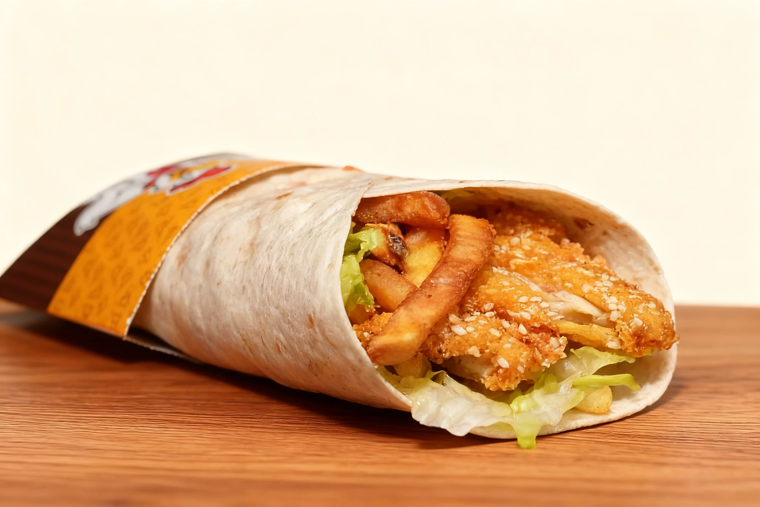 A flour tortilla wrap filled with sesame-crusted fried chicken, french fries, and shredded lettuce.
