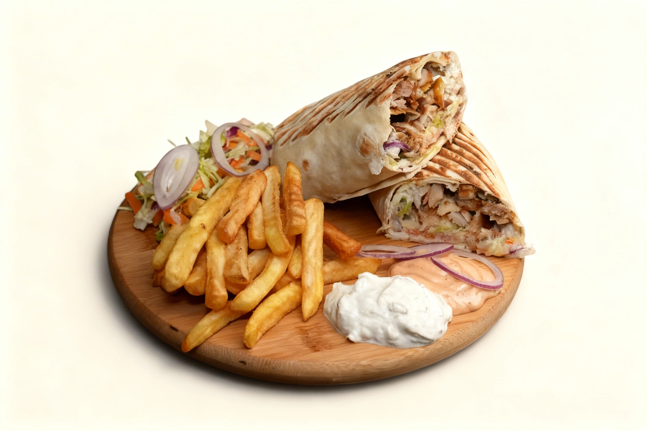 Grilled chicken shawarma wrap halves served on a wooden board with french fries, a side salad of shredded cabbage and carrots, white garlic sauce, and a pink di