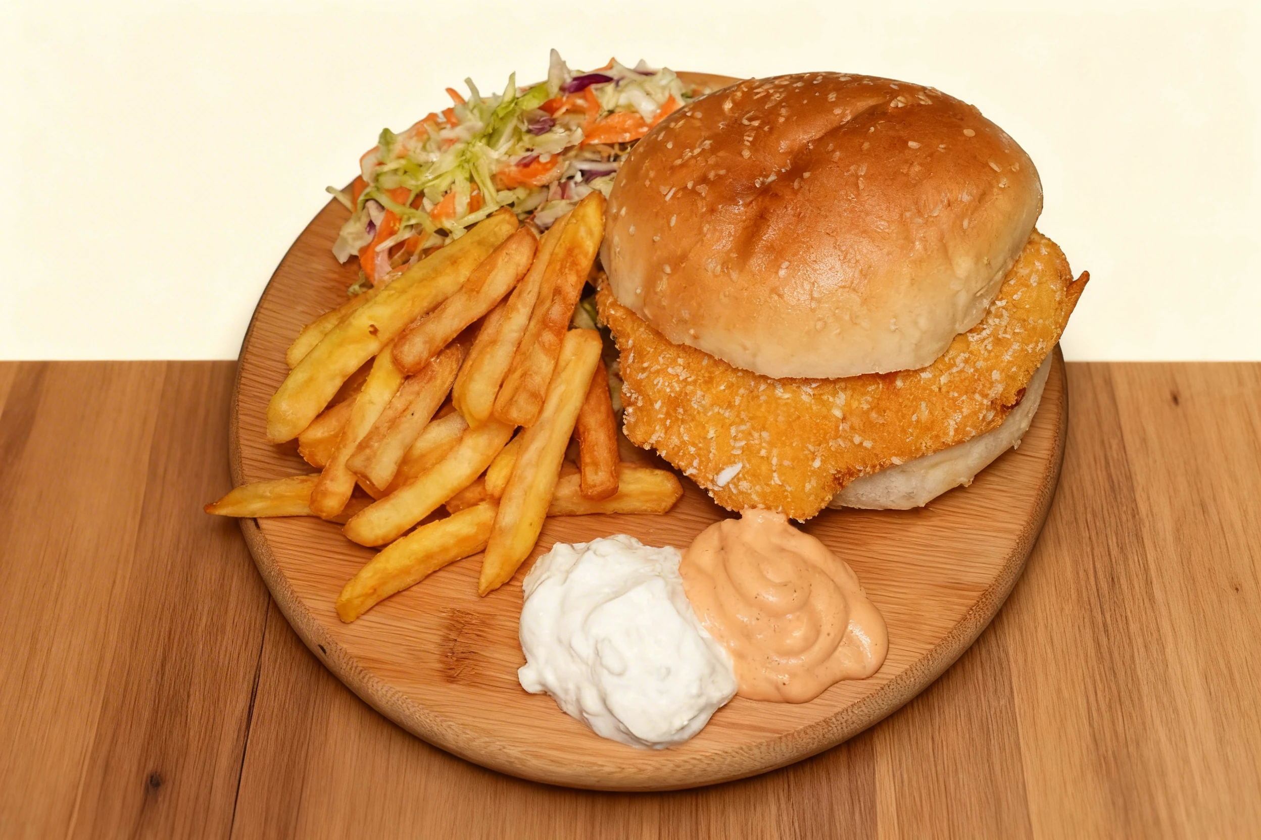 Breaded chicken burger on a sesame seed bun served with French fries, coleslaw, and dollops of white and orange sauces on a wooden board.
