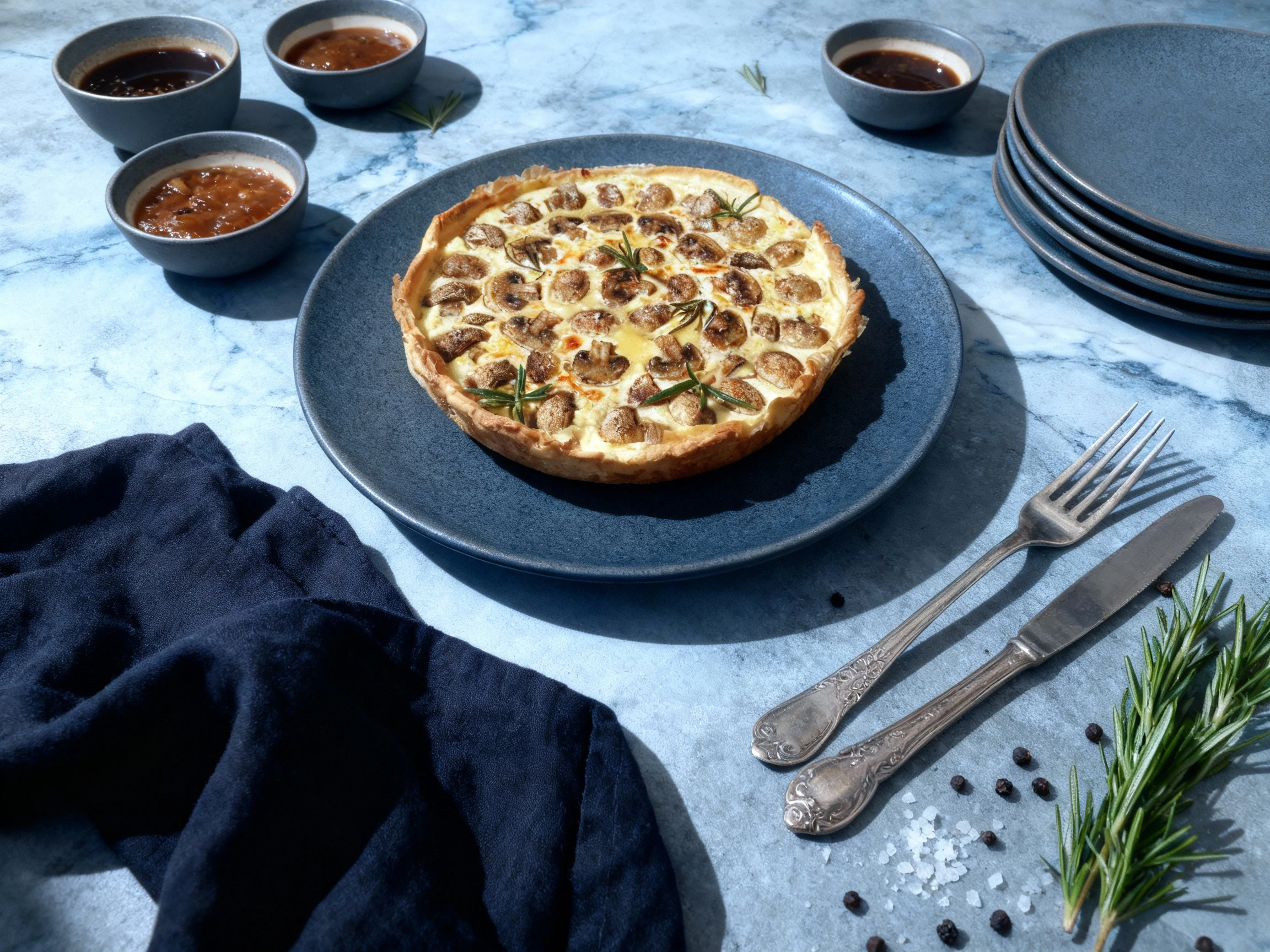 A savory mushroom quiche or tart featuring whole roasted button mushrooms embedded in a creamy egg custard with fresh rosemary sprigs and a flaky golden crust.