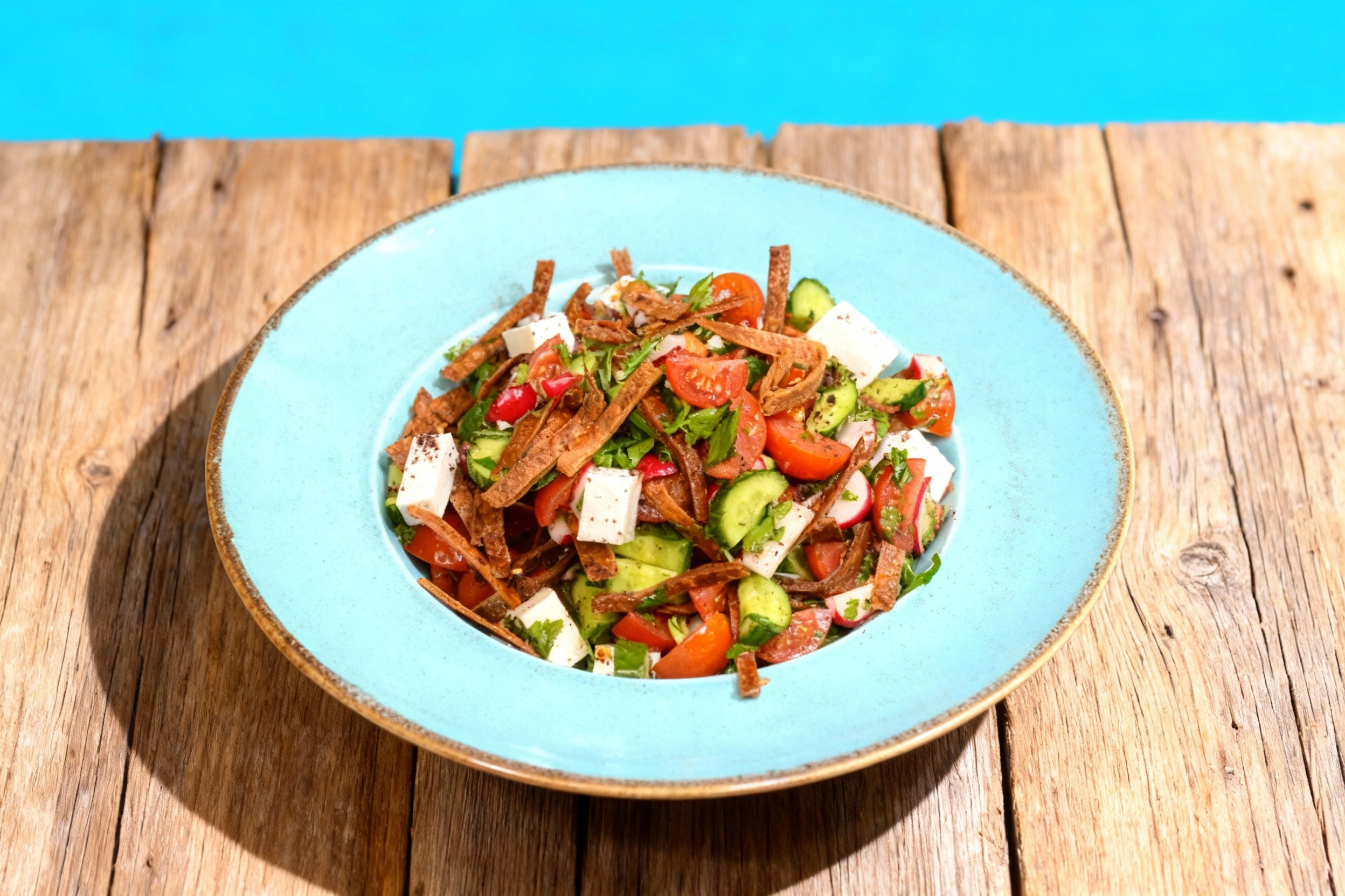 A Fattoush salad featuring toasted pita strips, cubes of white cheese, cherry tomatoes, sliced cucumbers, and radishes garnished with fresh parsley.