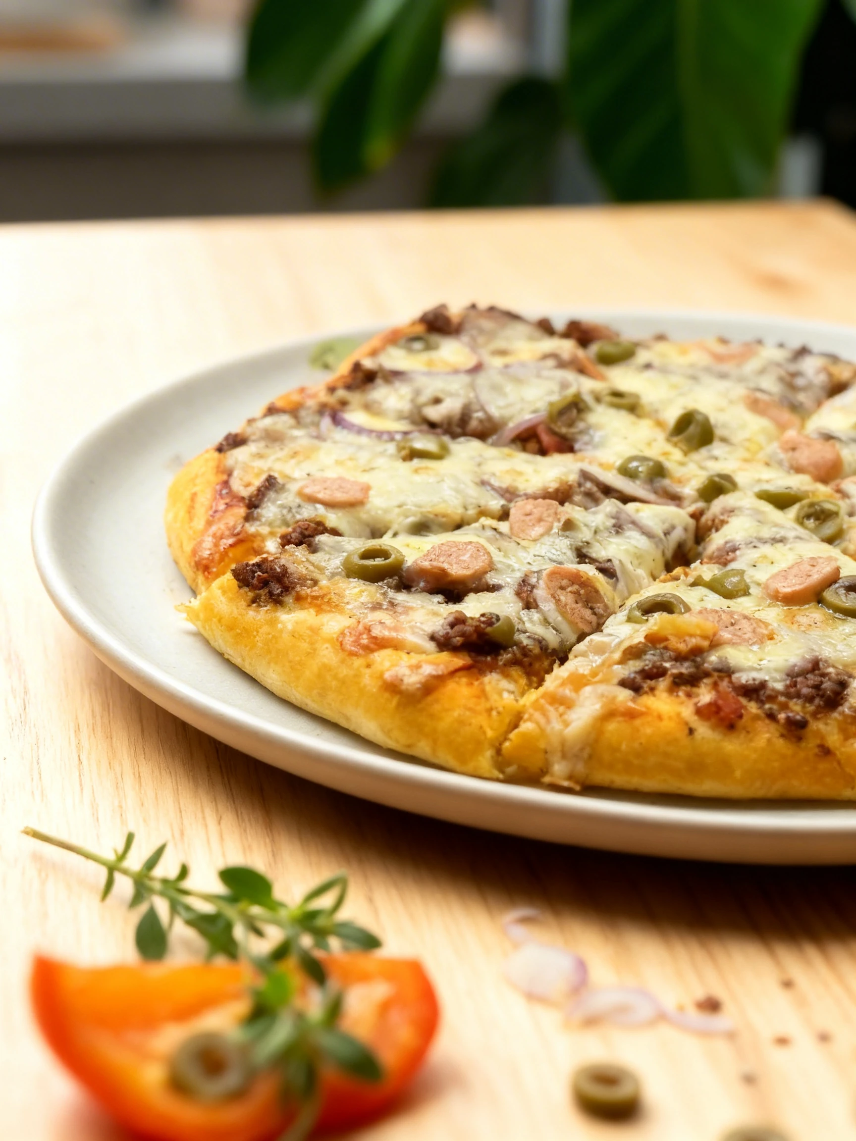 A sliced meat and vegetable pizza topped with melted mozzarella, ground beef, sausage slices, green olives, and red onion rings on a white plate.