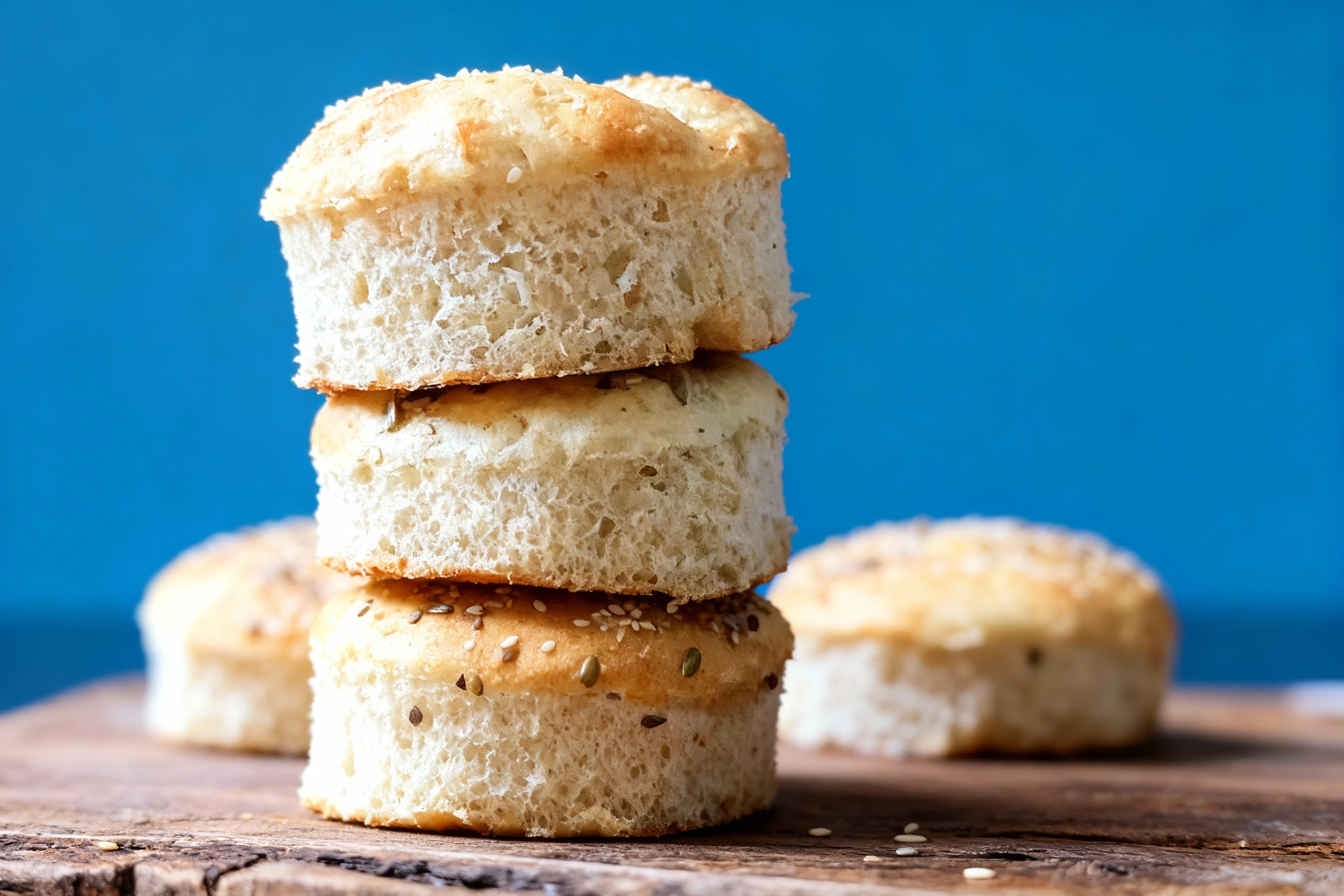 Homemade burger buns displayed both stacked to show the porous interior crumb, and whole on a wooden board. The whole buns are variously topped with sesame seed