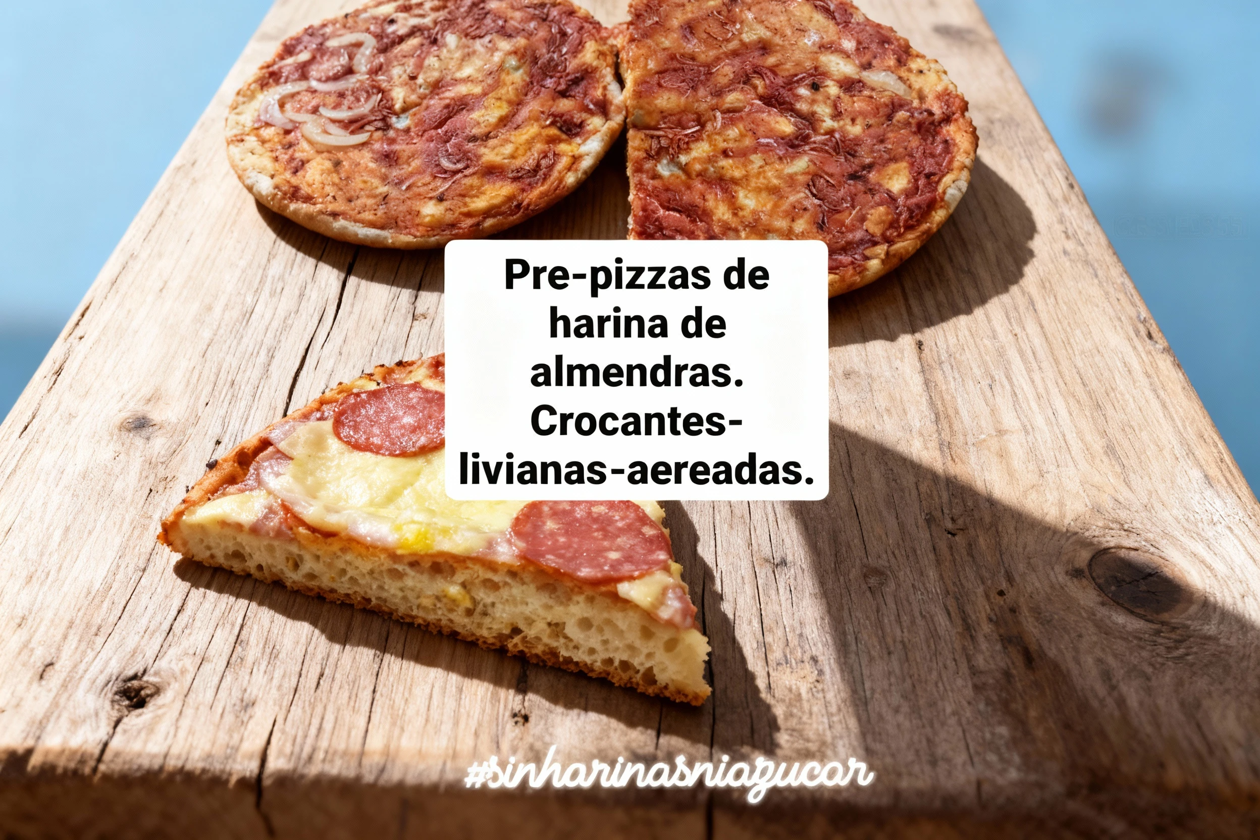 A collage showing almond flour pizza bases (pre-pizzas) topped with tomato sauce and onions in the upper frames, and a finished slice of pizza with melted chees