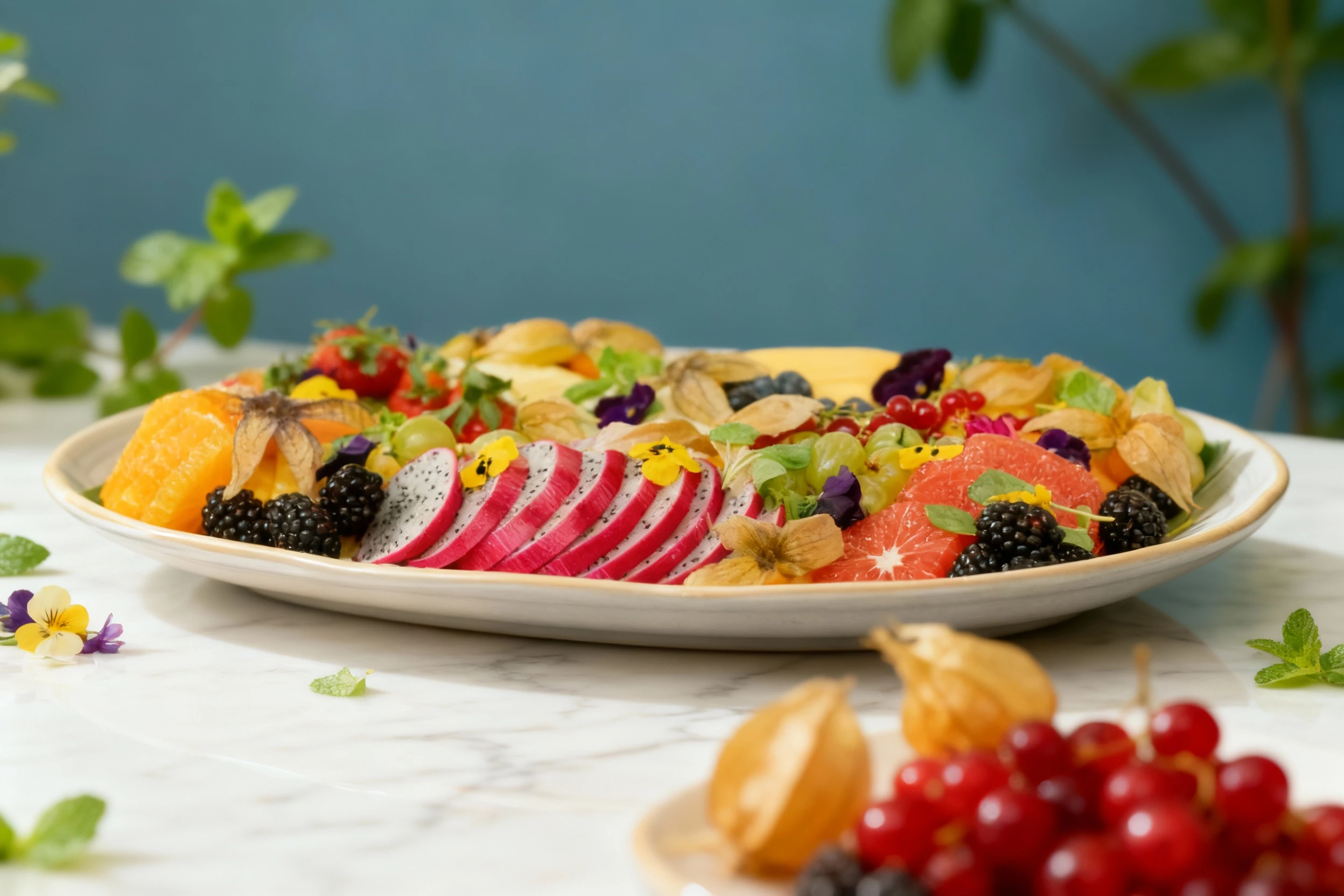 A colorful catering platter featuring an assortment of fresh fruits, including sliced dragon fruit, grapefruit, orange segments, physalis, blackberries, red cur