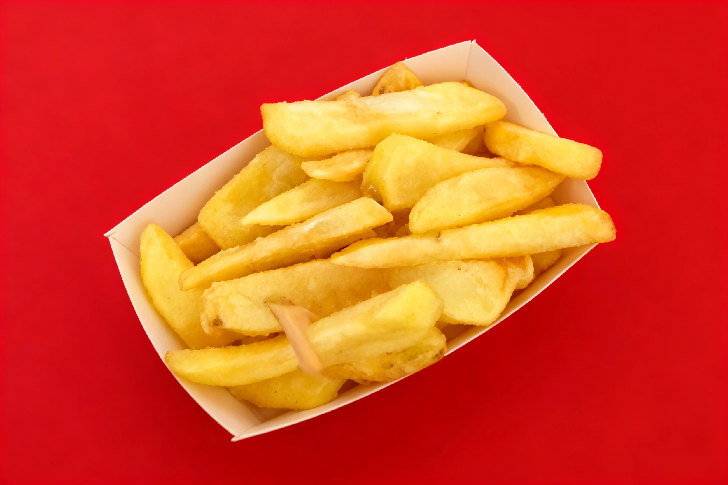 Thick-cut potato chips served in a white cardboard takeaway tray on a wooden surface.