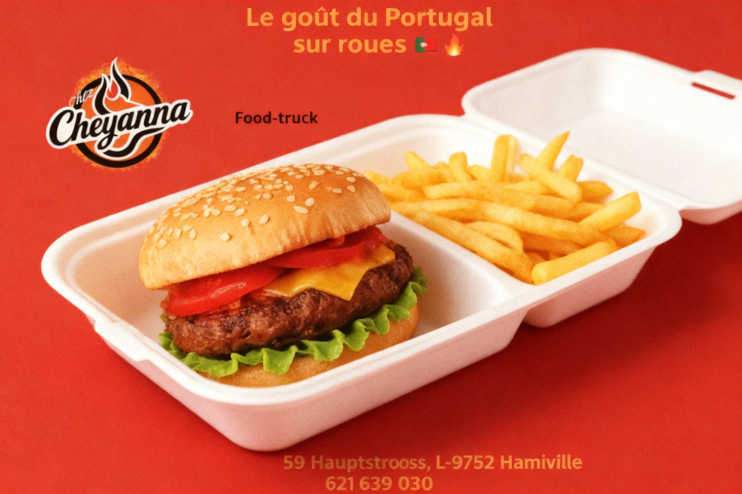 A sesame seed bun cheeseburger with a grilled beef patty, melted cheddar cheese, sliced tomatoes, and green lettuce, served alongside a portion of golden French