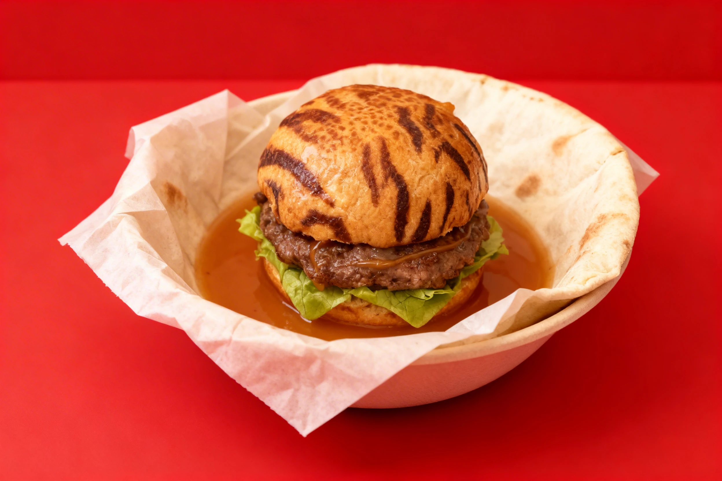A burger with a tiger bread bun, beef patty, and lettuce sitting in a pool of thin brown gravy.