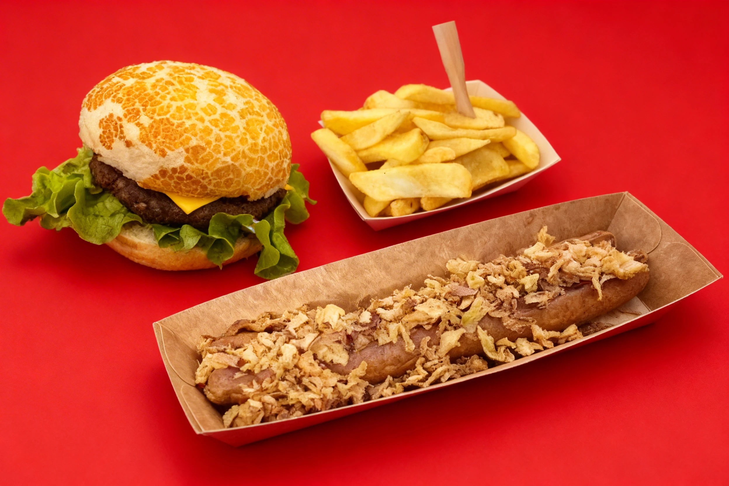A beef burger on a tiger bread bun with lettuce and cheese, served with thick-cut fries and a hot dog topped with crispy fried onions.