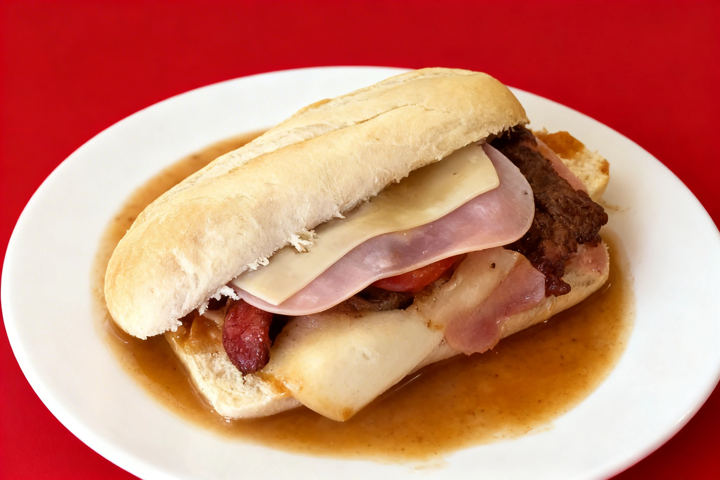 A baguette sandwich containing sliced ham, cheese, and cooked meats sitting in a pool of brown gravy on a white plate.