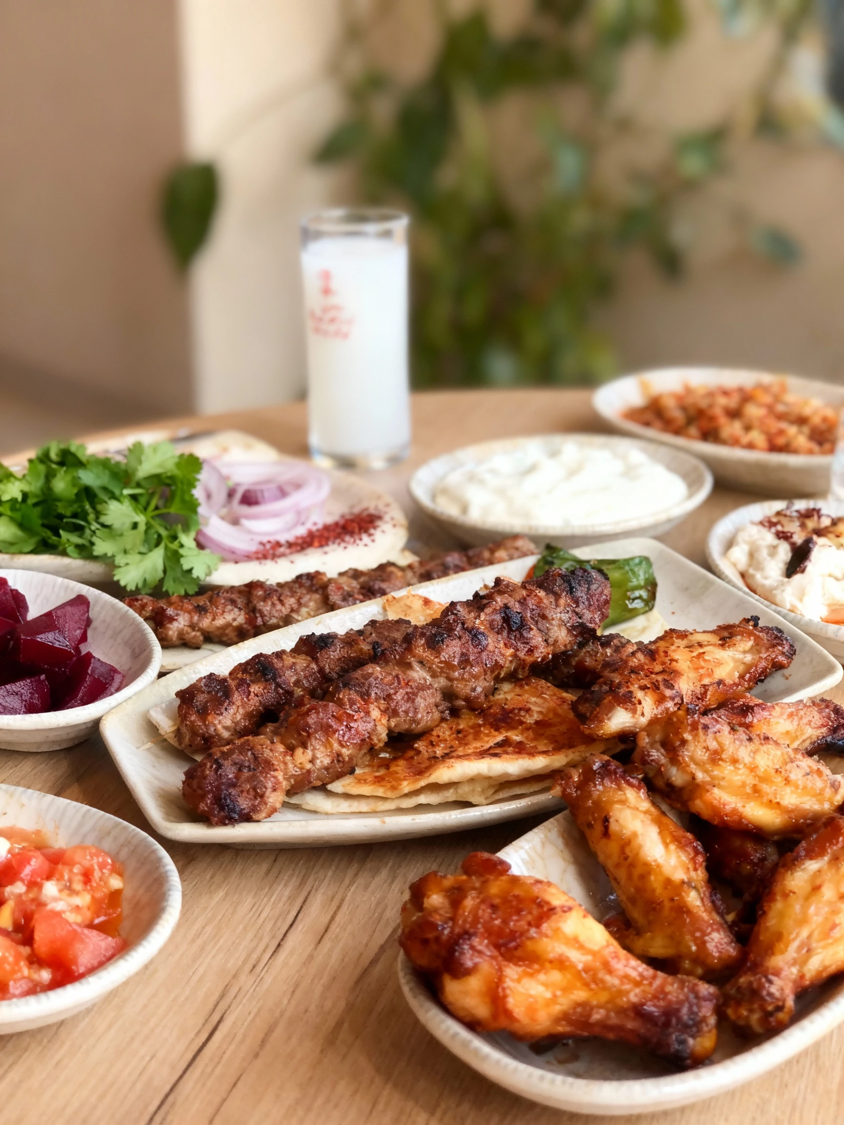 A Turkish meze spread including grilled chicken wings, adana kebab with flatbread, roasted beets, yogurt dip with chili oil, and tomato-based appetizers, served