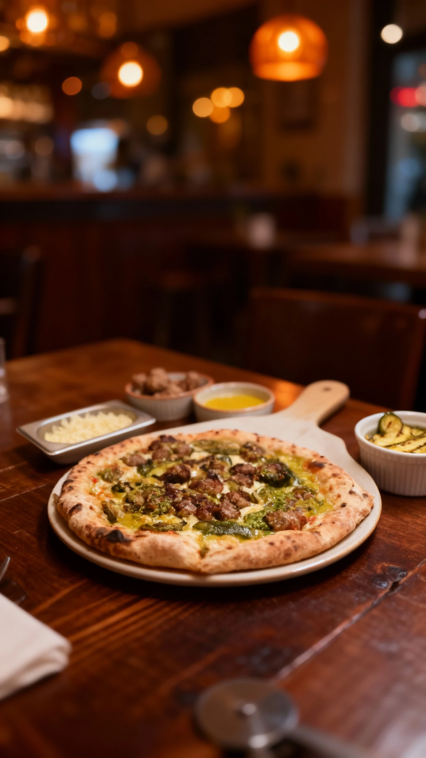 Neapolitan-style pizza topped with crumbled sausage, grilled zucchini, and pesto, shown alongside its raw ingredients including shredded mozzarella, meatballs,