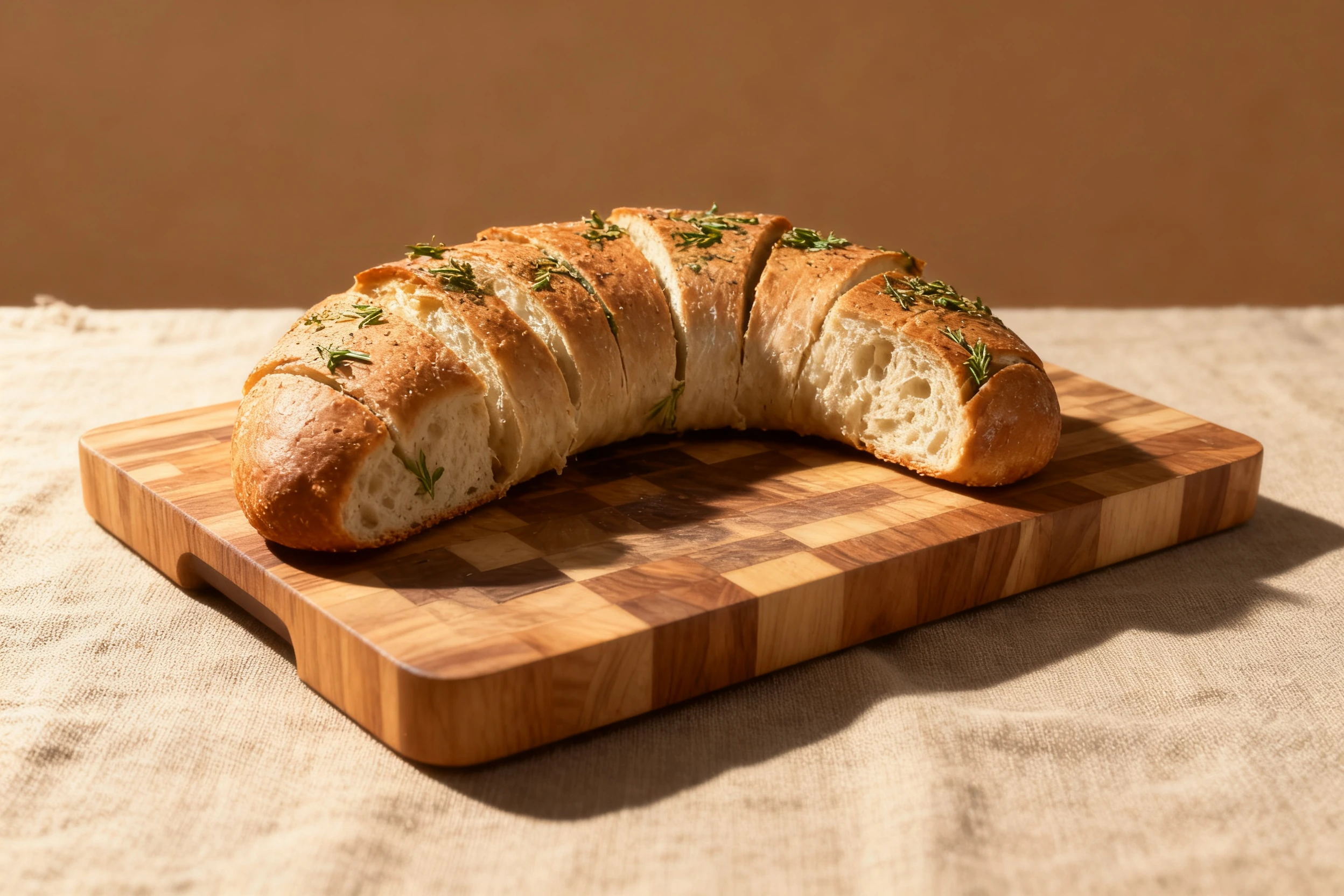 A sliced loaf of herb-topped artisan bread resting on a wooden end-grain cutting board.