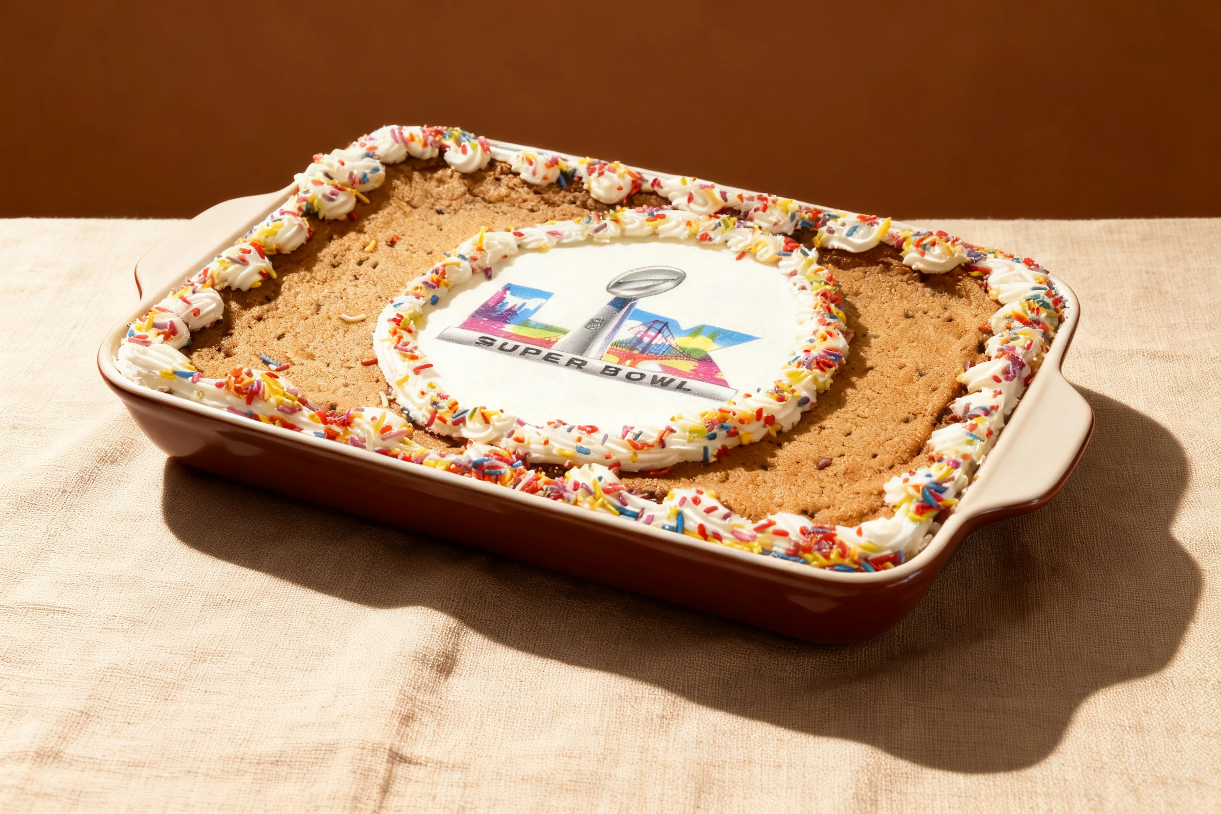 Large rectangular chocolate chip cookie cake featuring an edible Super Bowl LVIII logo center, decorated with white frosting borders and rainbow sprinkles.