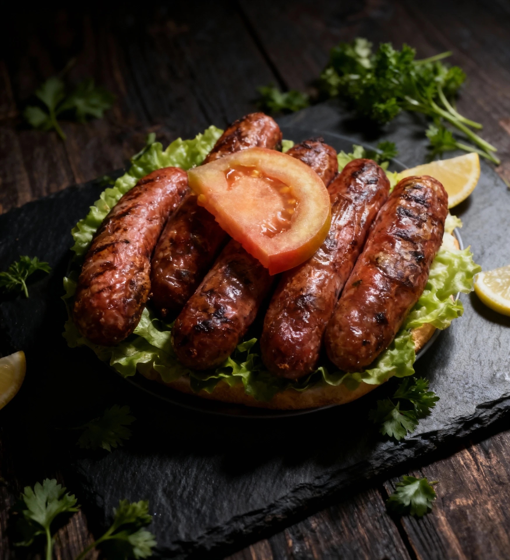 A serving of grilled or pan-fried sausages, likely chorizo, presented on a bed of shredded lettuce and garnished with a thick slice of fresh tomato.