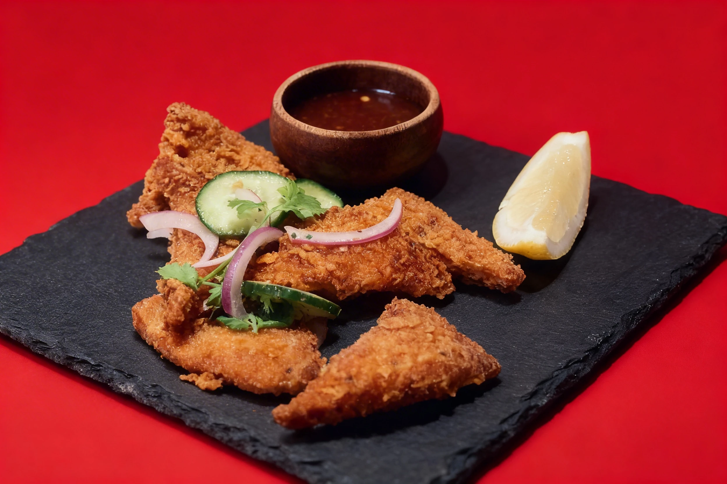 Breaded fish fillets served with a lemon wedge, cucumber slices, red onion, cilantro, and a small wooden bowl of dark dipping sauce.