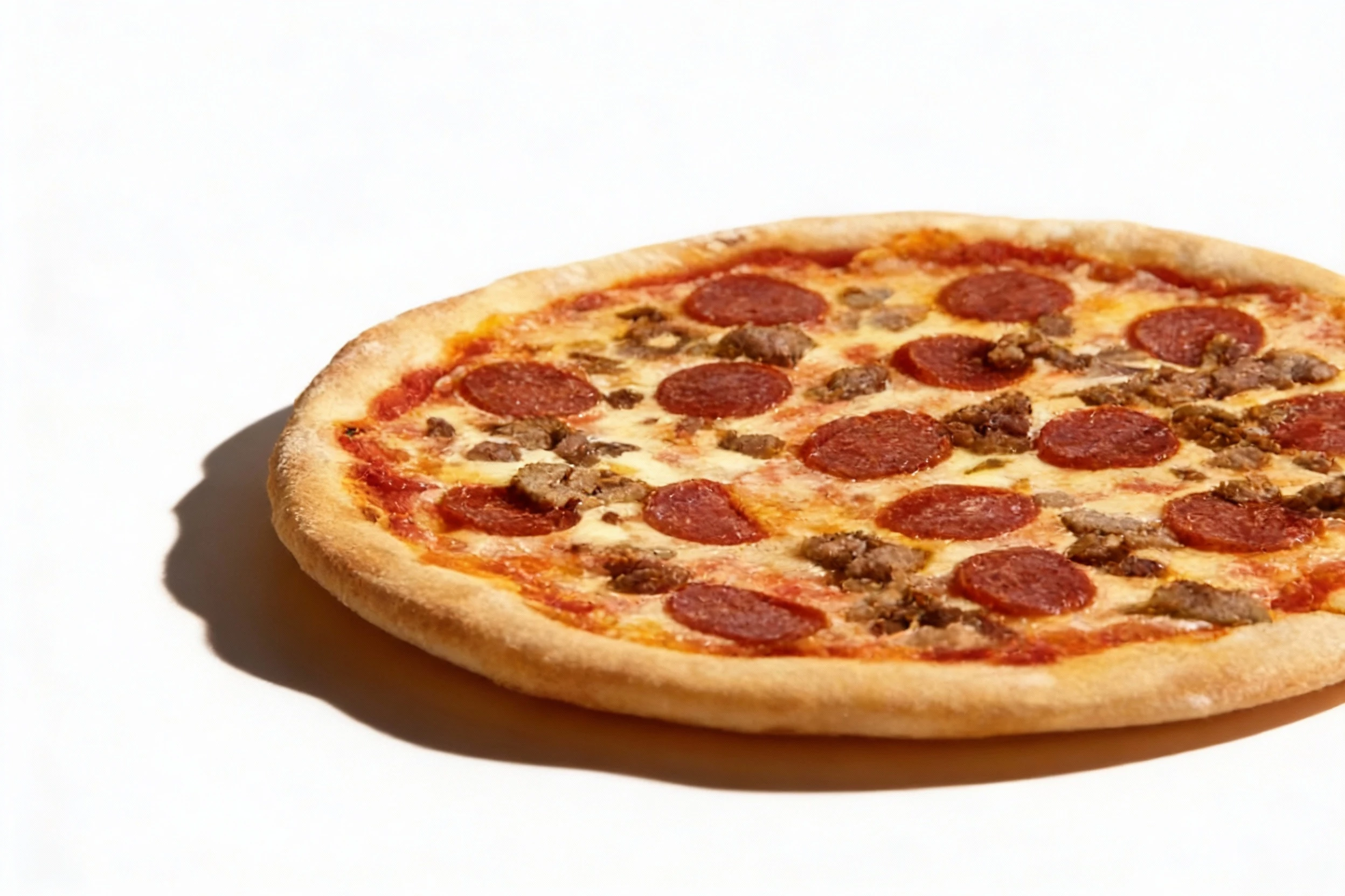 Whole pepperoni and sausage pizza with melted mozzarella and tomato sauce on a thin crust.