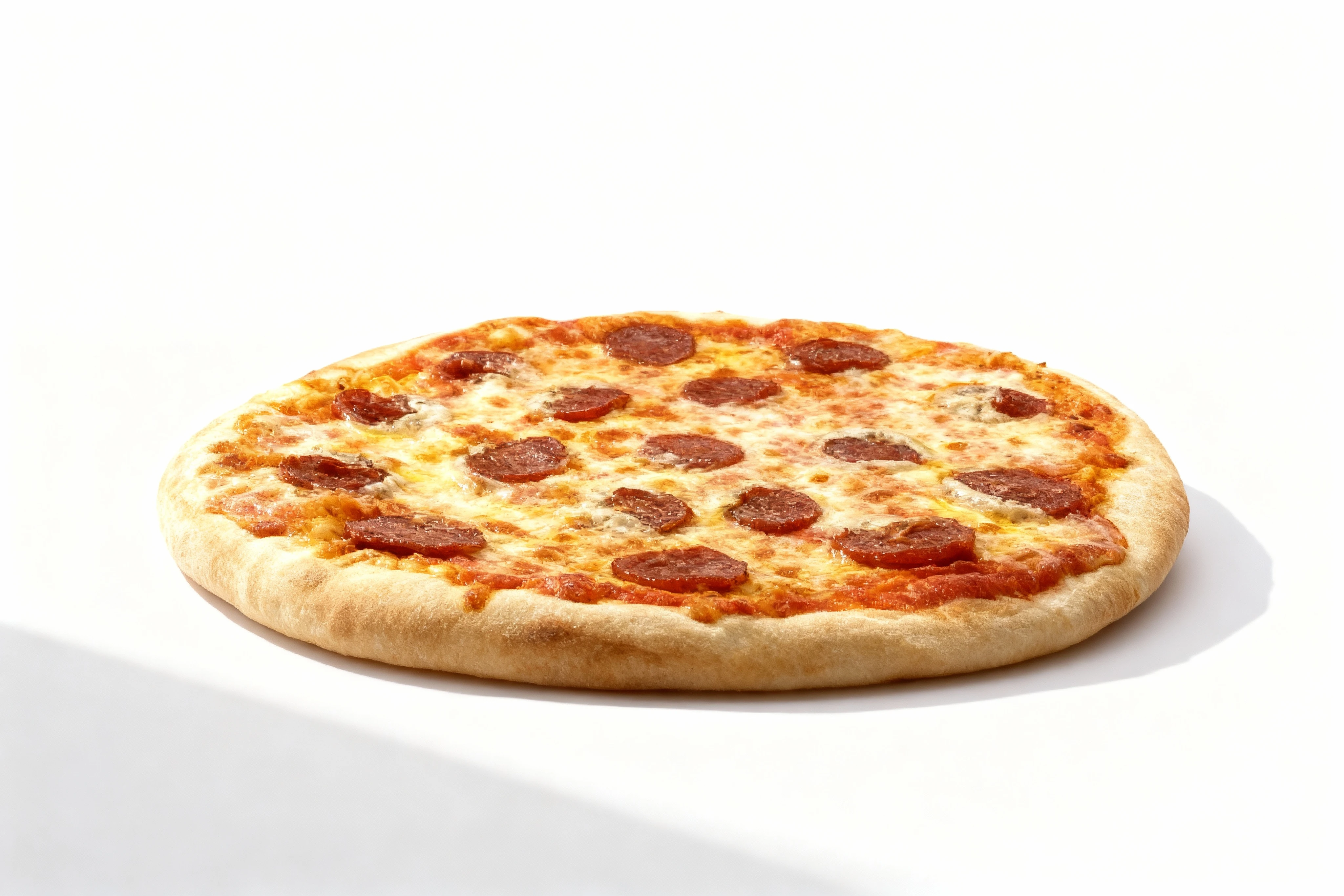 A circular pepperoni pizza topped with melted mozzarella cheese and tomato sauce on a thick crust.