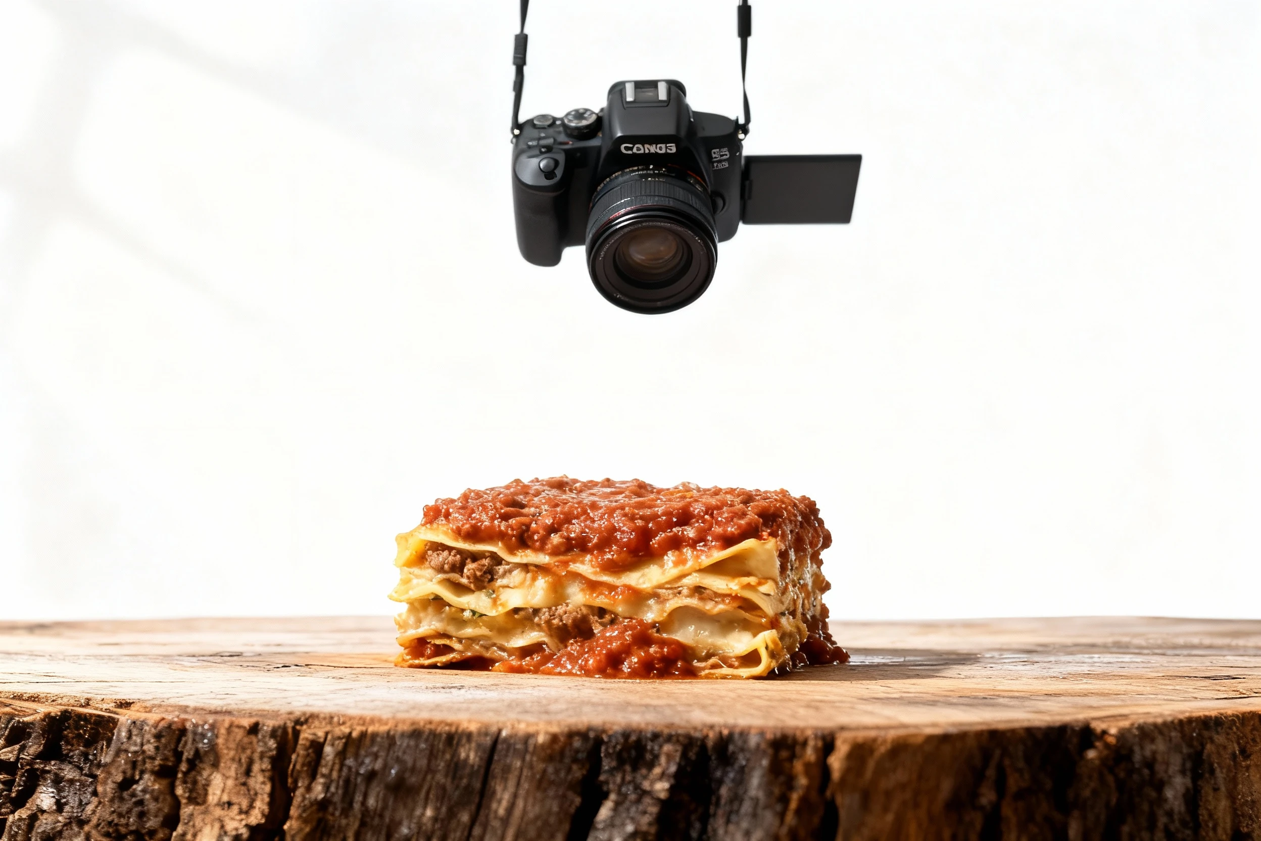 A square portion of layered lasagna topped with a thick meat sauce containing ground beef and tomato.