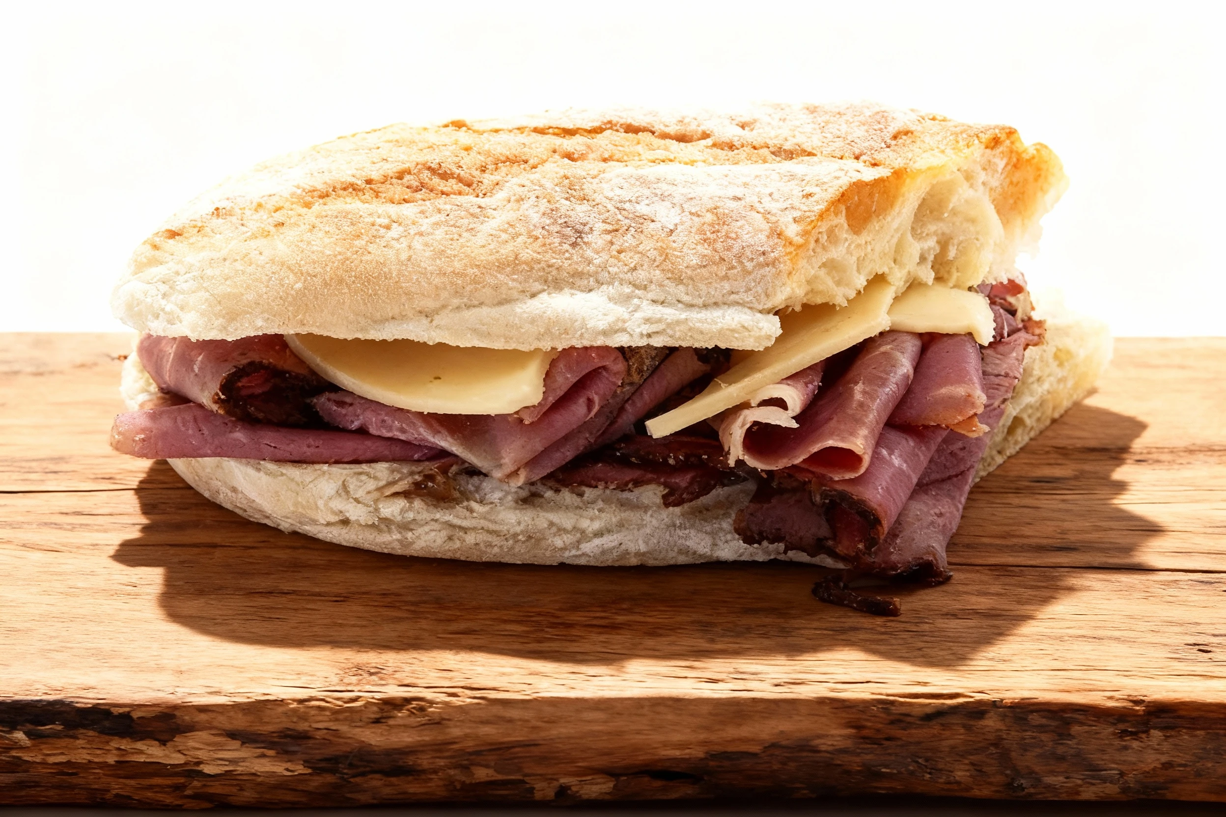 A roast beef and cheese sandwich served on a crusty ciabatta-style roll, sliced into two halves and stacked.