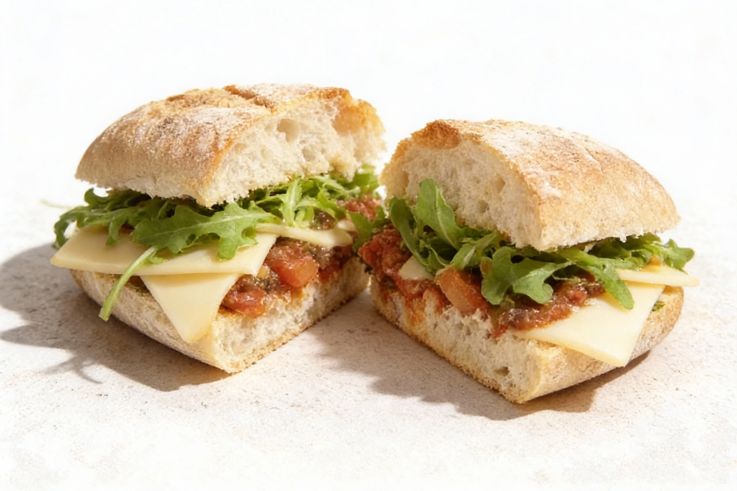 A ciabatta sandwich cut in half, filled with sliced cheese, fresh arugula, and a tomato-based vegetable spread.