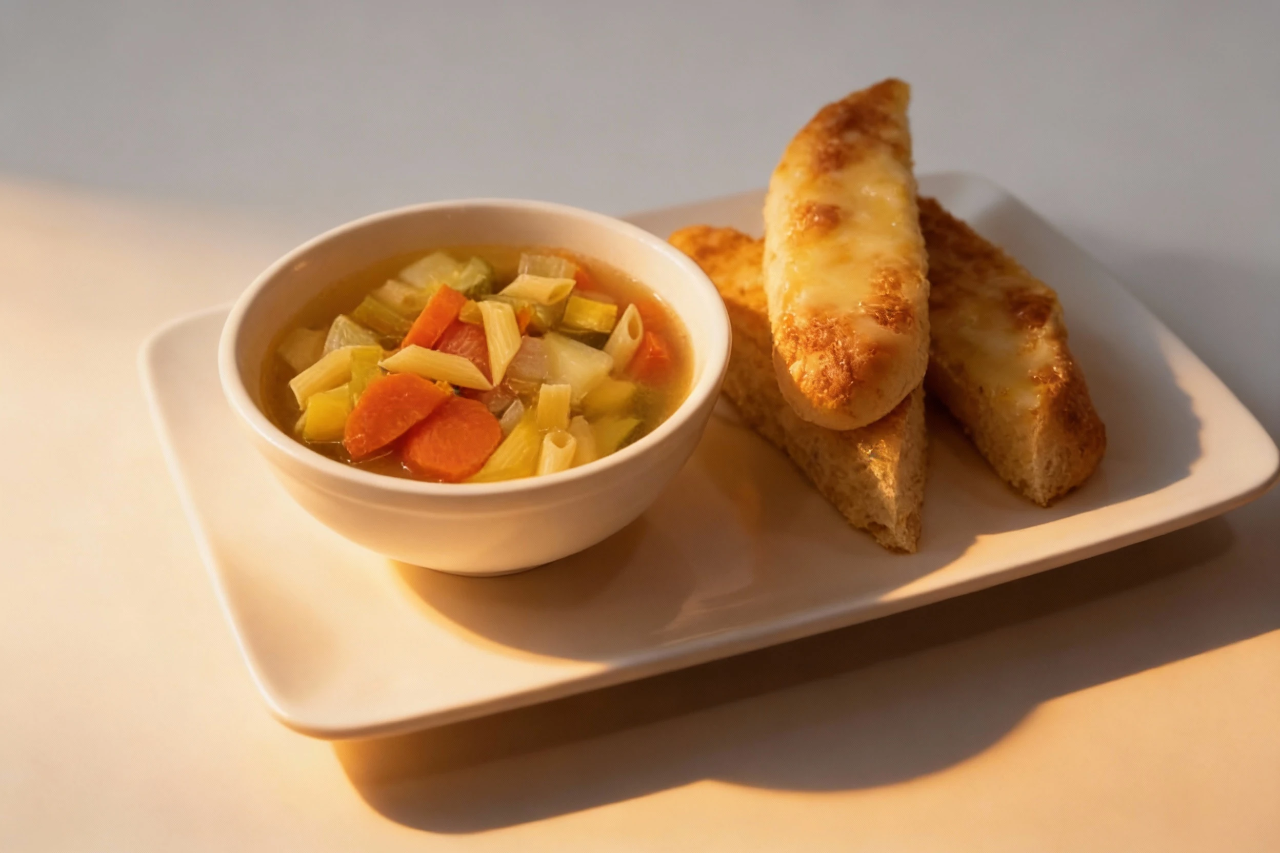 A bowl of vegetable minestrone soup containing penne pasta, sliced carrots, celery, and potatoes served with three toasted cheese breadsticks.
