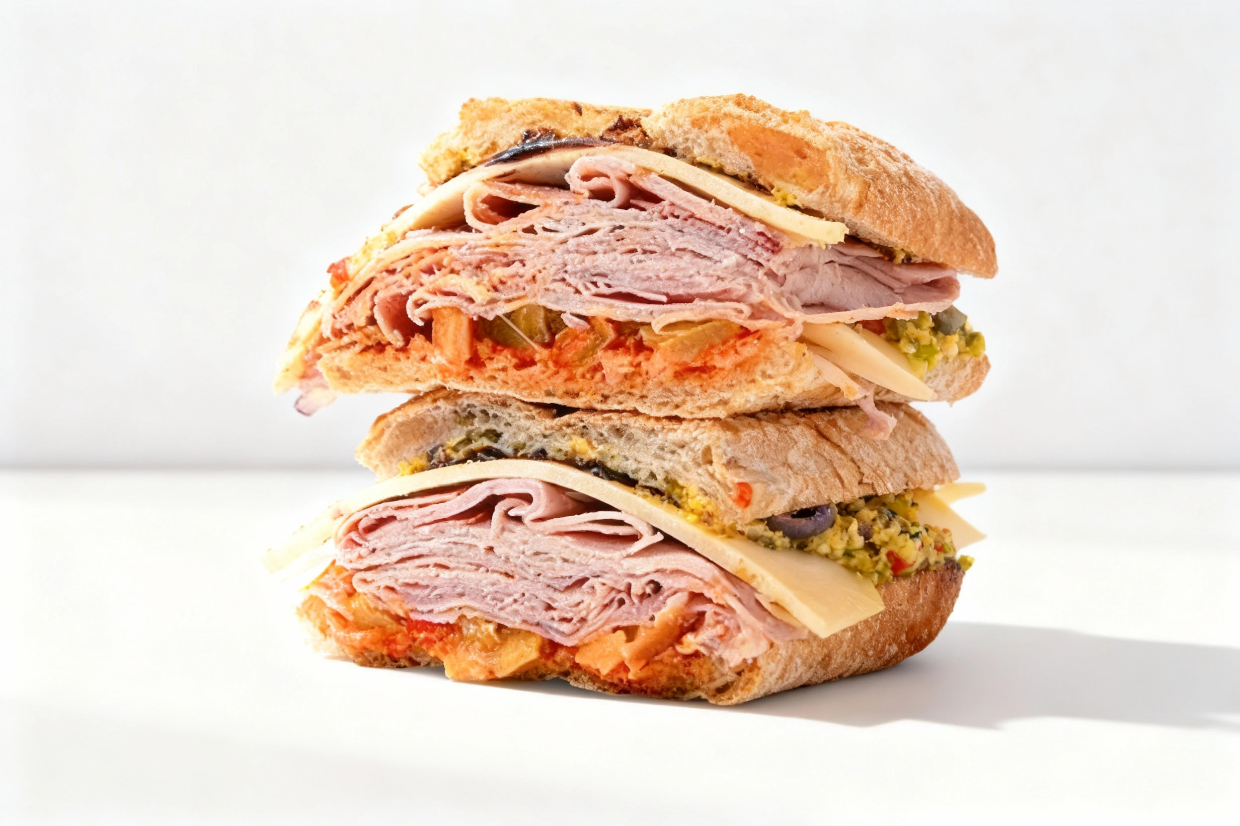 A stacked deli sandwich on crusty bread featuring layers of thinly sliced ham, provolone cheese, and a vegetable spread with chopped olives and peppers.