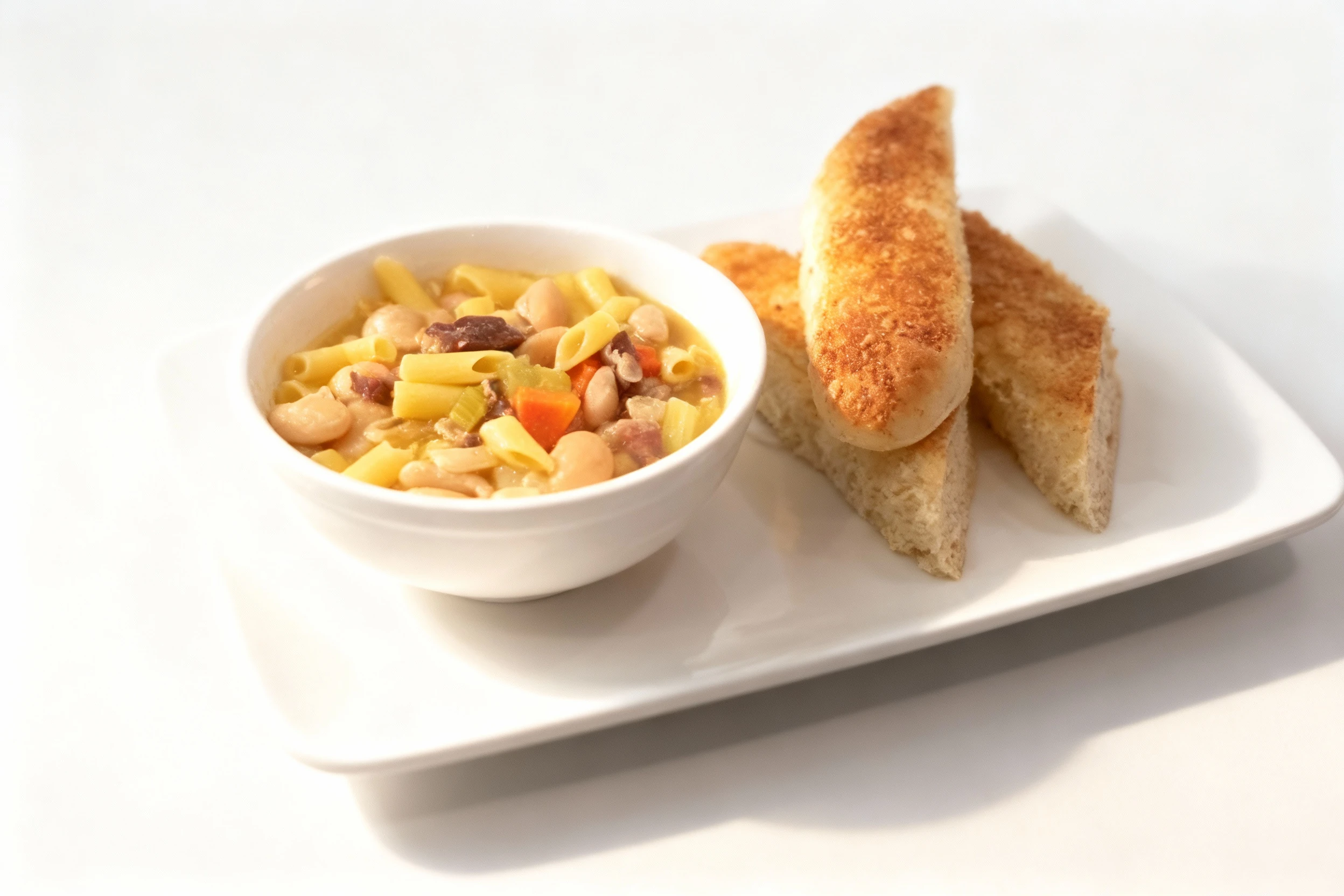 A bowl of Pasta e Fagioli soup containing ditalini pasta, cannellini beans, carrots, and celery, served with several pieces of toasted garlic bread.