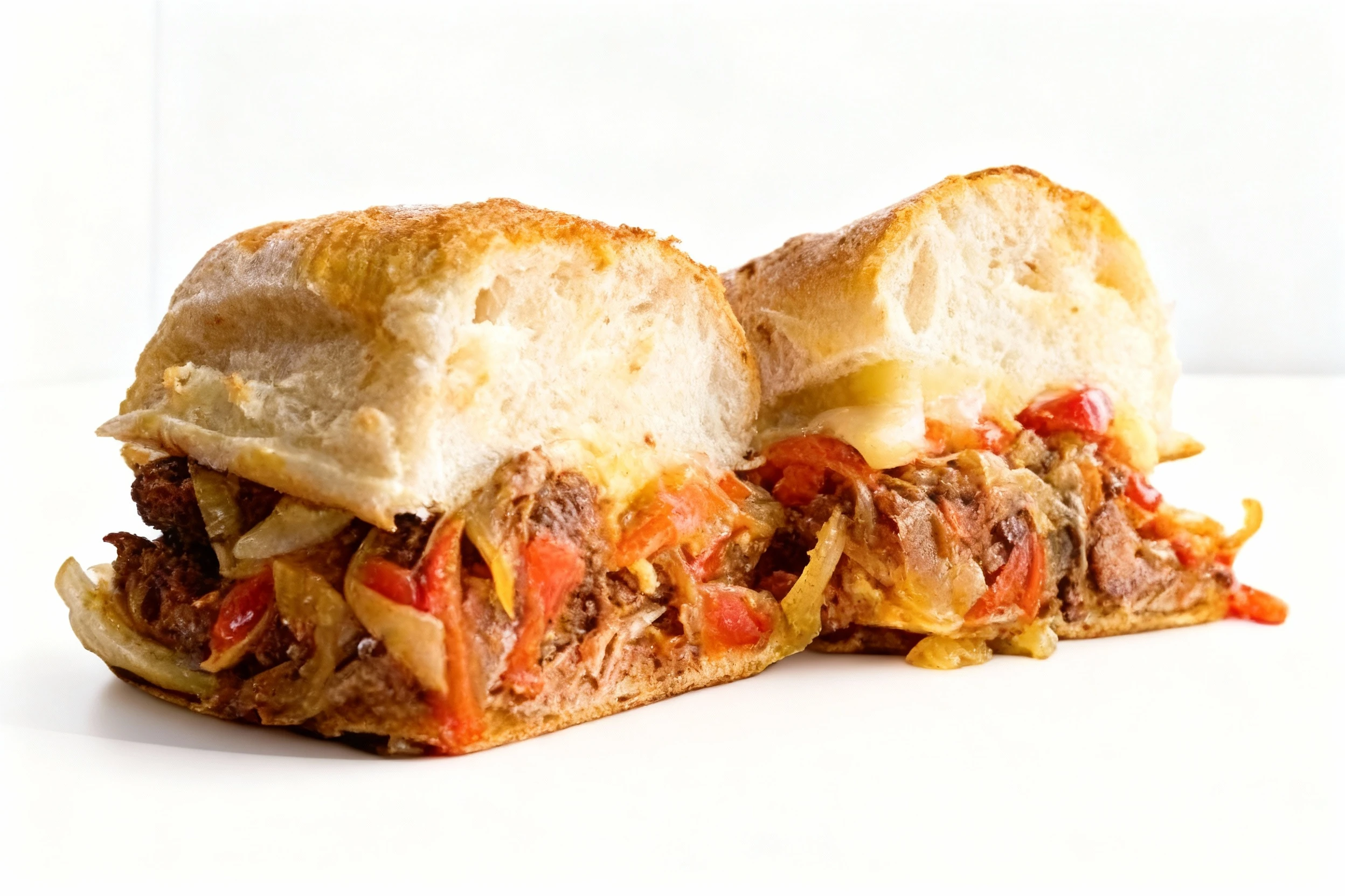 A steak sandwich on a crusty baguette featuring sliced beef, sautéed onions, red peppers, and melted cheese.