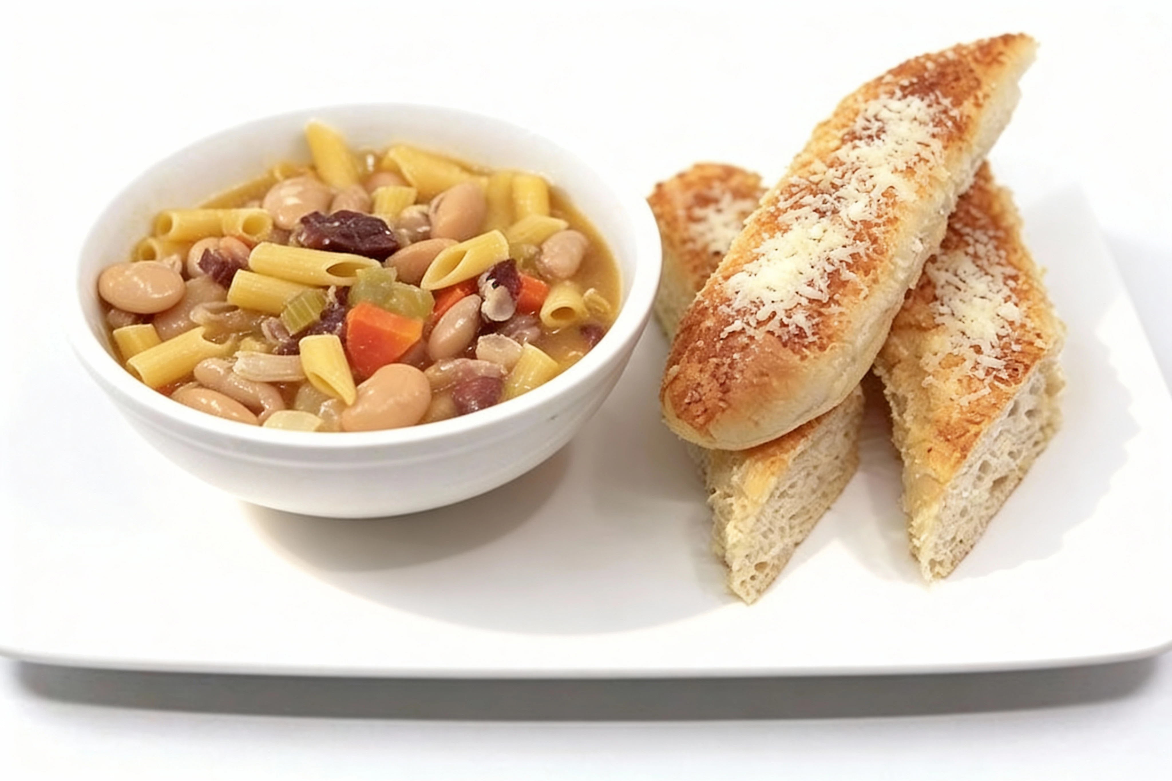 Pasta e fagioli soup featuring penne pasta, white beans, diced carrots, and celery in a savory broth, served with toasted parmesan breadsticks.