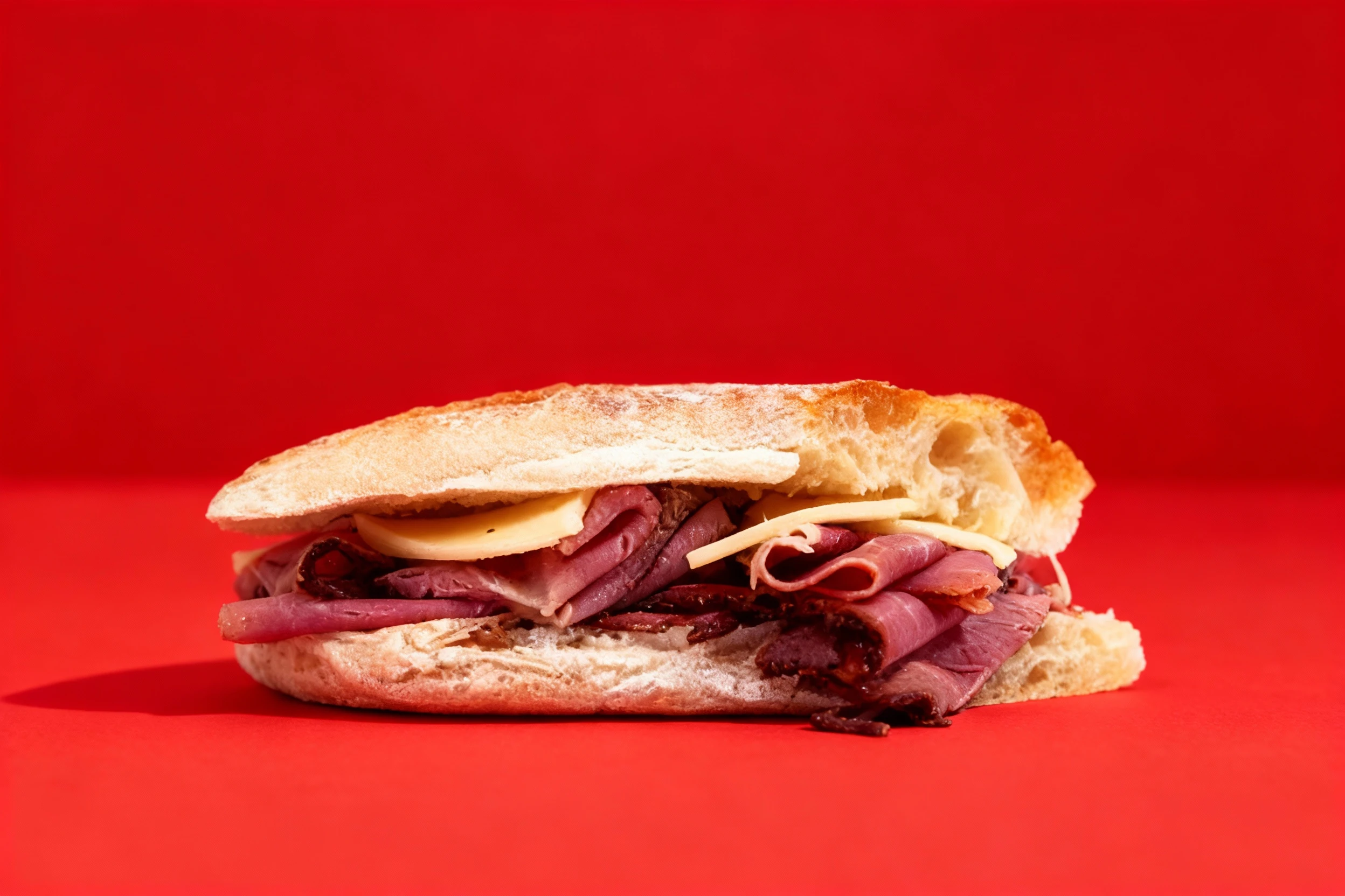 A roast beef and cheese sandwich served on a crusty ciabatta-style roll, featuring thinly sliced folded beef and pale cheese slices.