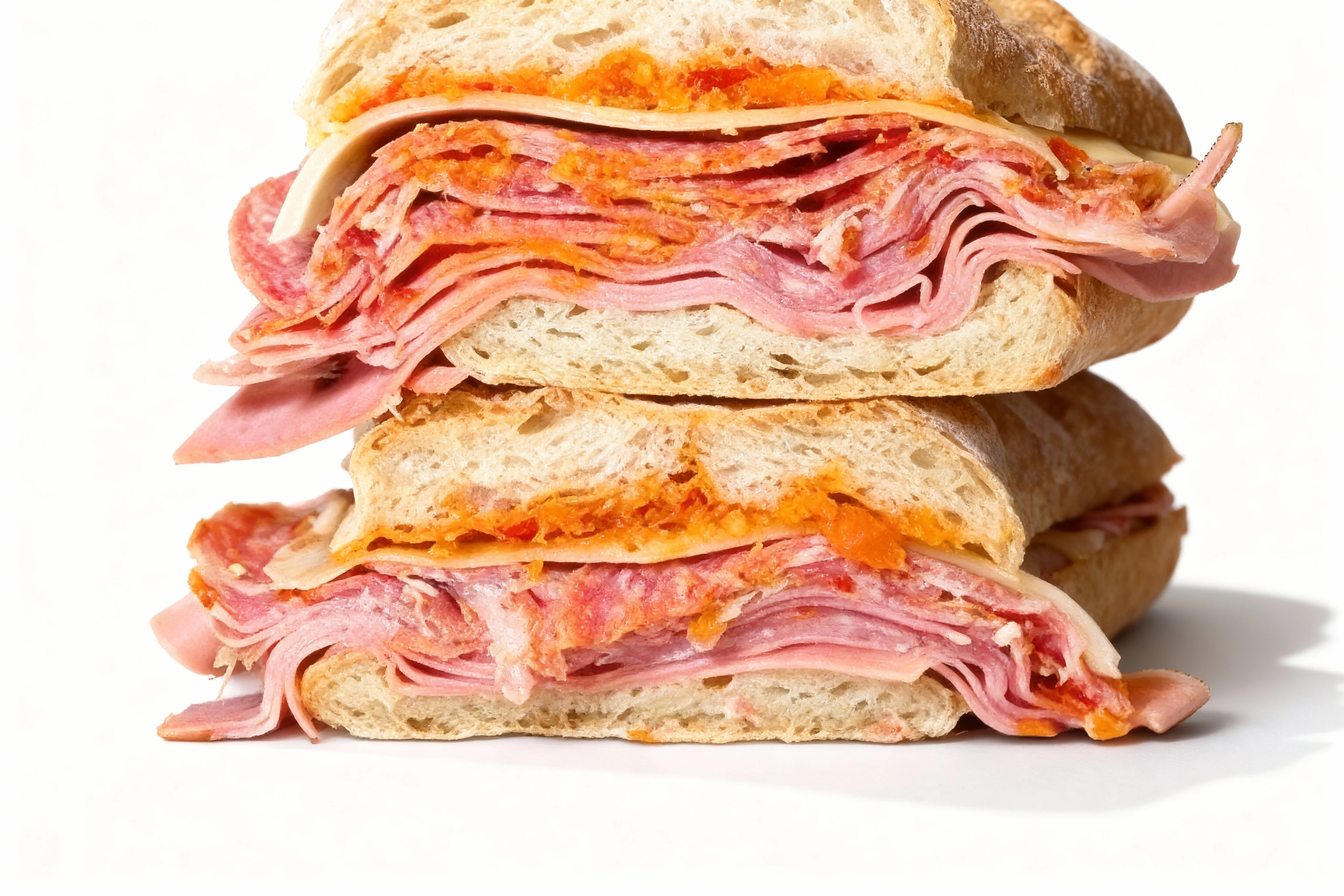 Stacked Italian sandwich halves on crusty bread containing layers of sliced mortadella, salami, provolone cheese, and an orange pepper relish.