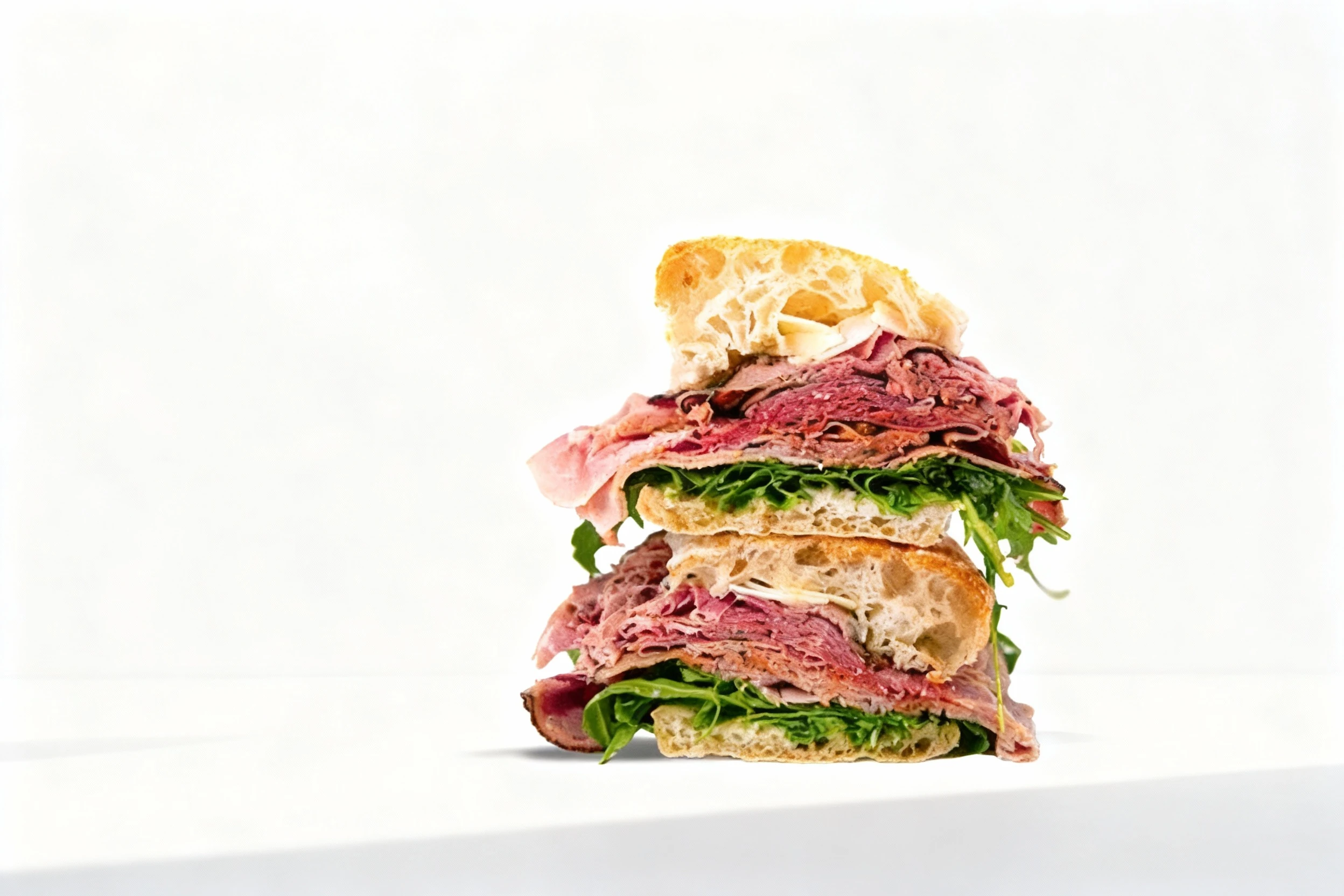 A stacked deli sandwich on ciabatta bread featuring thick layers of thinly sliced roast beef, ham, and fresh arugula.