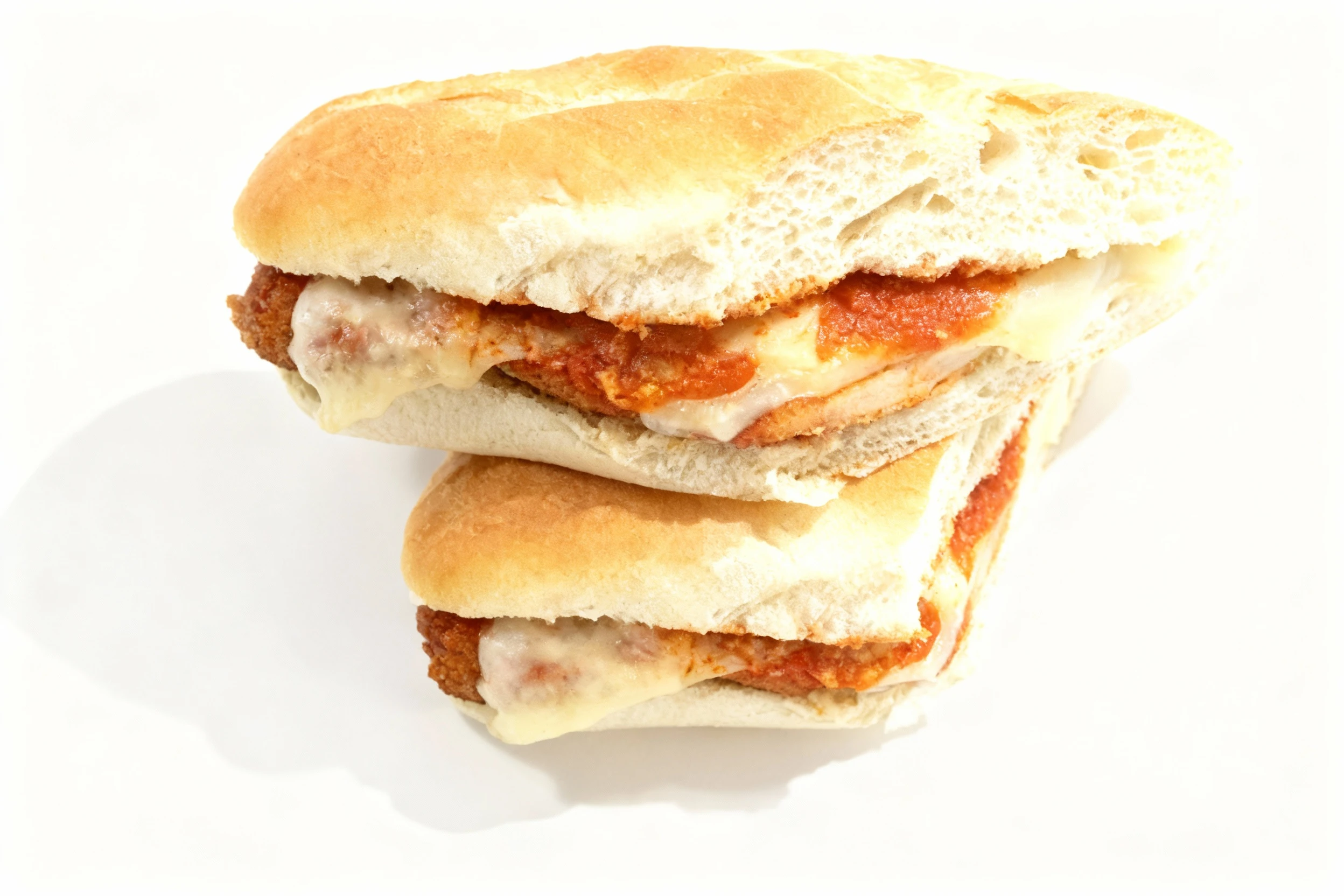 Chicken parmesan sandwich featuring breaded chicken cutlets, melted mozzarella cheese, and tomato sauce on a crusty roll.