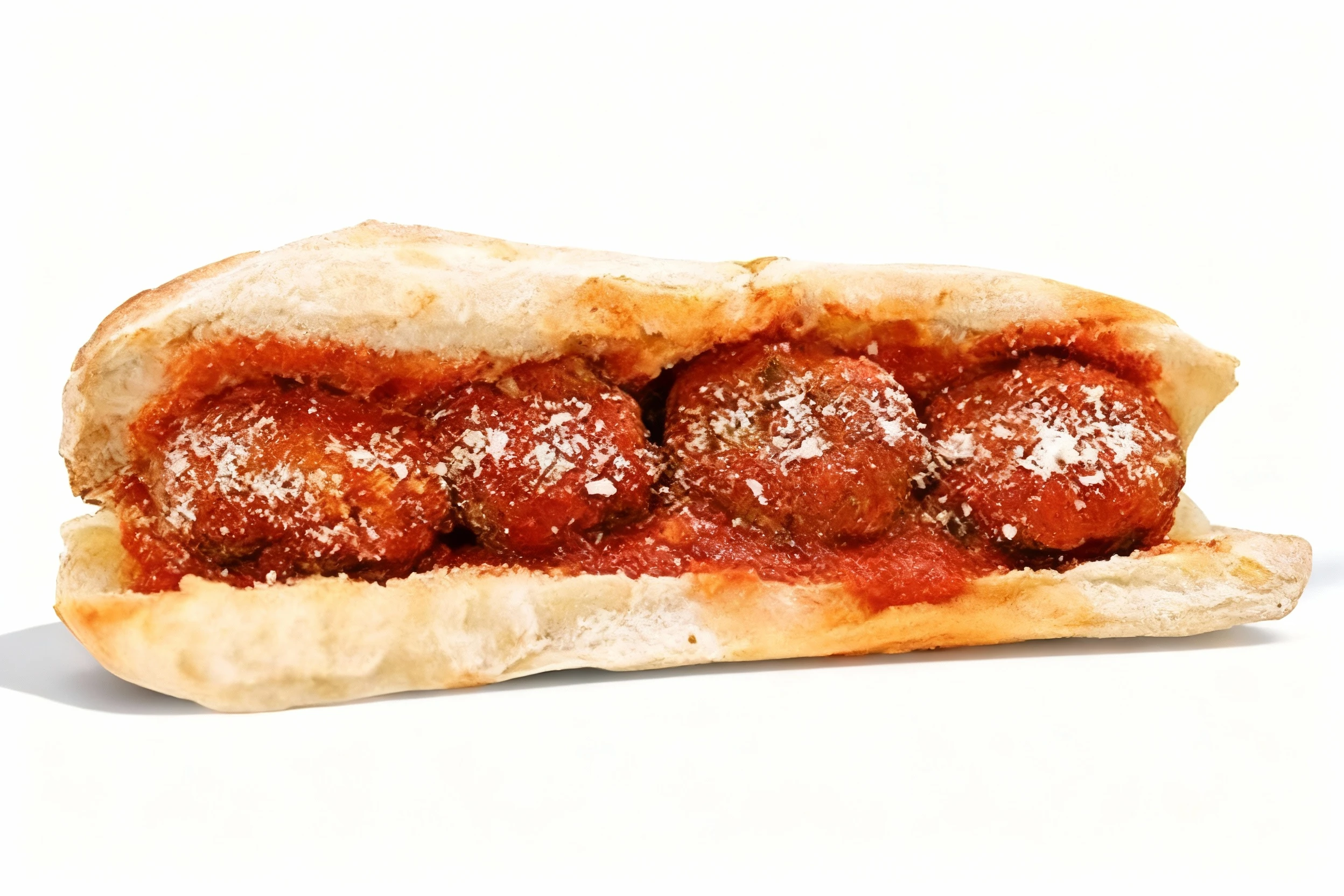 Meatball sub sandwich featuring four meatballs topped with tomato marinara sauce and a dusting of grated parmesan cheese on a toasted roll.