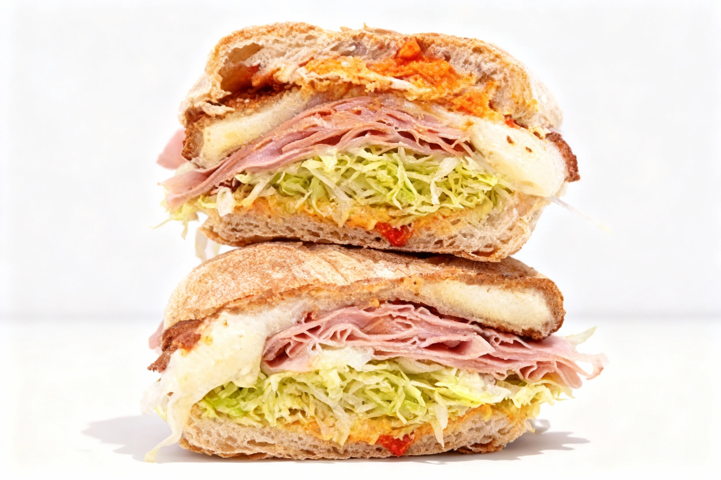 Stacked ciabatta sandwich halves filled with thinly sliced ham, melted mozzarella cheese, shredded lettuce, and a spicy orange spread.