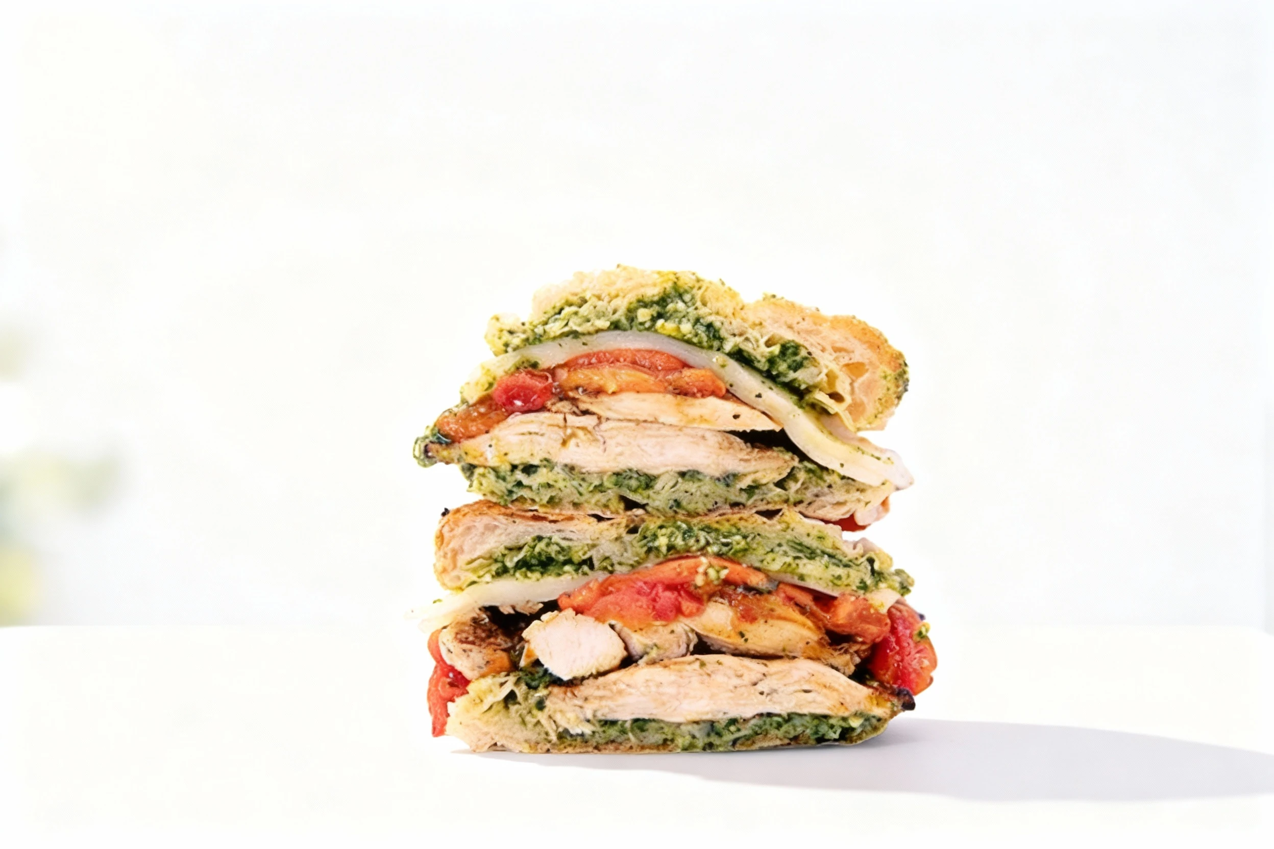 A stacked chicken pesto sandwich on focaccia bread featuring grilled chicken breast slices, basil pesto, melted mozzarella cheese, and roasted tomatoes.