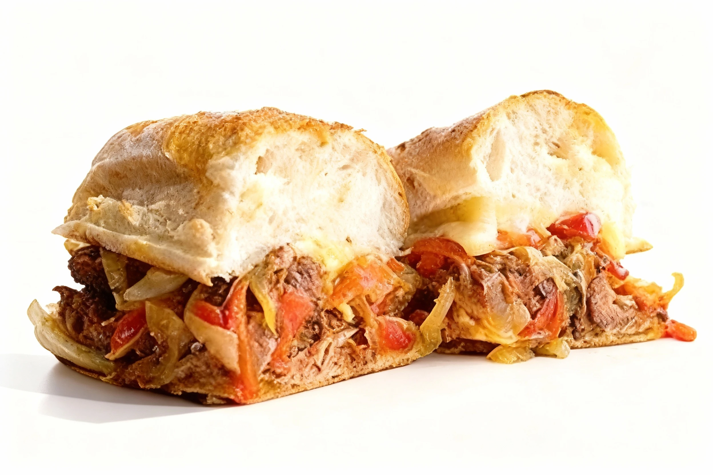 Two halves of a steak sandwich on crusty baguette bread filled with thinly sliced beef, melted cheese, sautéed onions, and red peppers.