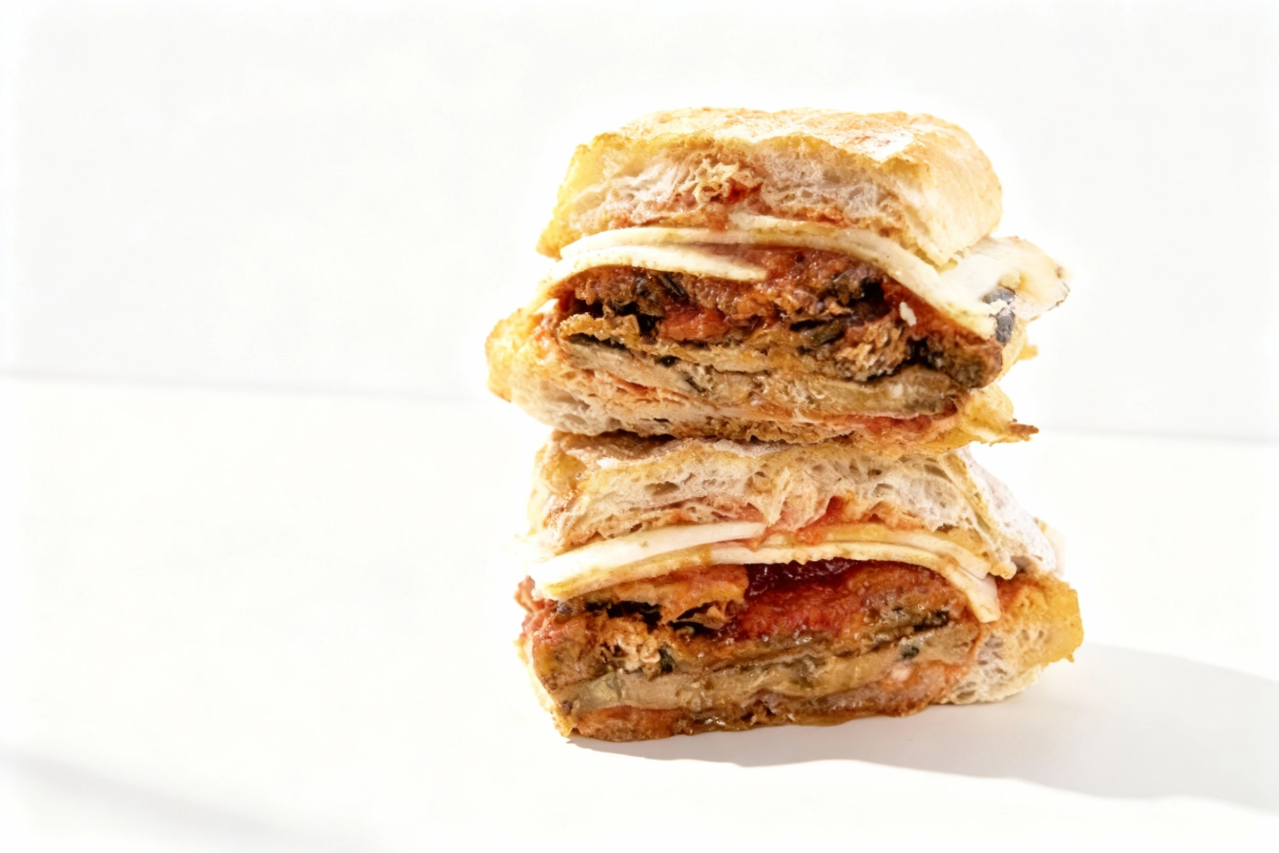 Cross-section of an eggplant parmesan sandwich featuring layers of fried eggplant, tomato marinara, and melted provolone cheese on a crusty roll.