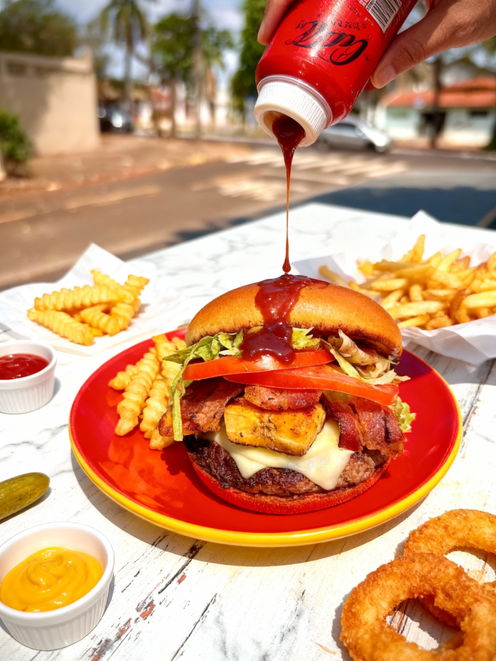 A tall gourmet burger featuring a beef patty topped with melted cheese, crispy bacon strips, grilled sweet potato or plantain slices, fresh tomato, and shredded